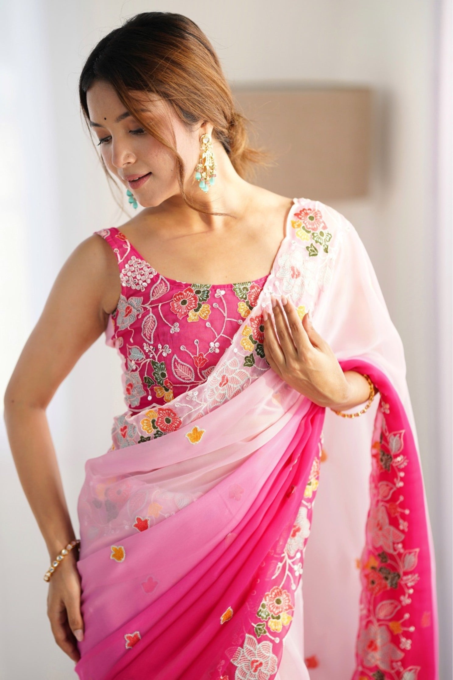 MySilkLove Taffy Pink and White Georgette Saree