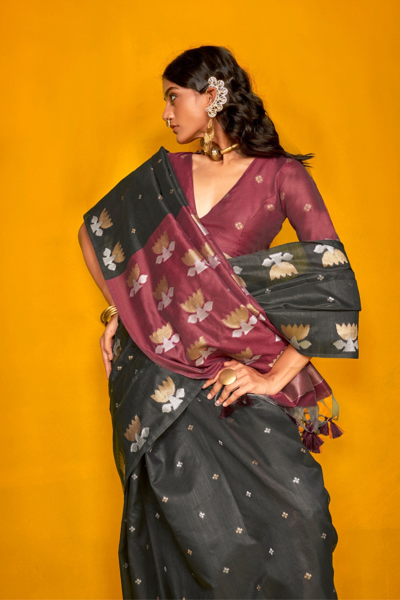 MySilkLove Metal Black Tussar Handloom Silk Saree