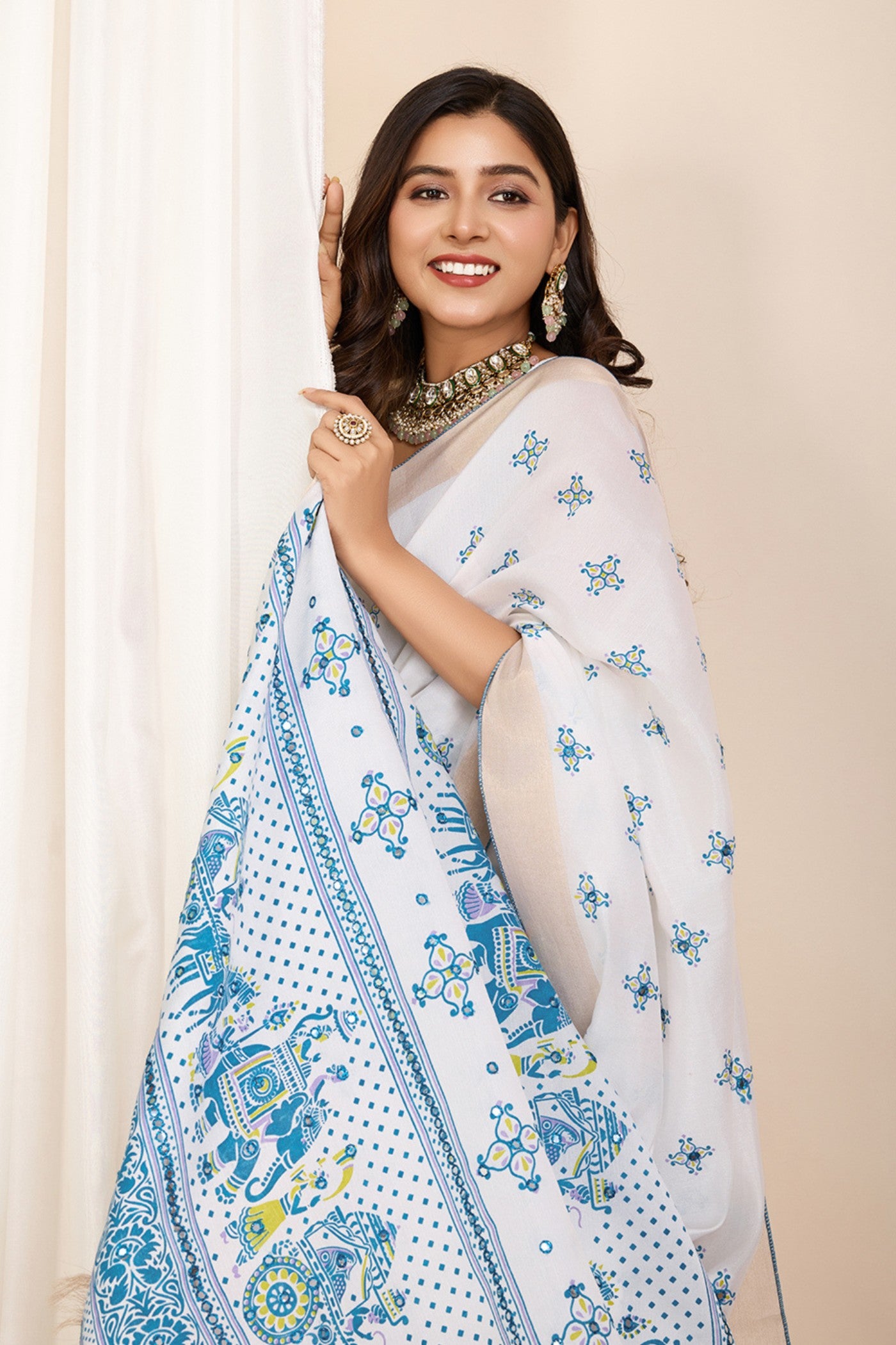 MySilkLove Frost White and Blue Printed Cotton Designer Saree