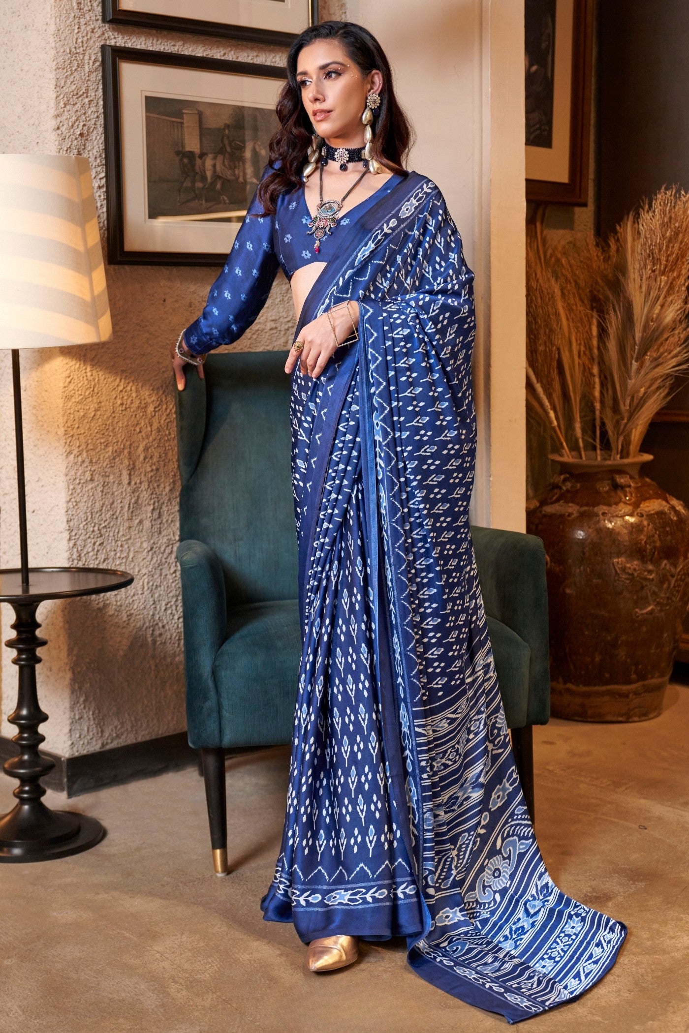 Buy MySilkLove Egyptian Blue Patola Printed Satin Crepe Saree Online