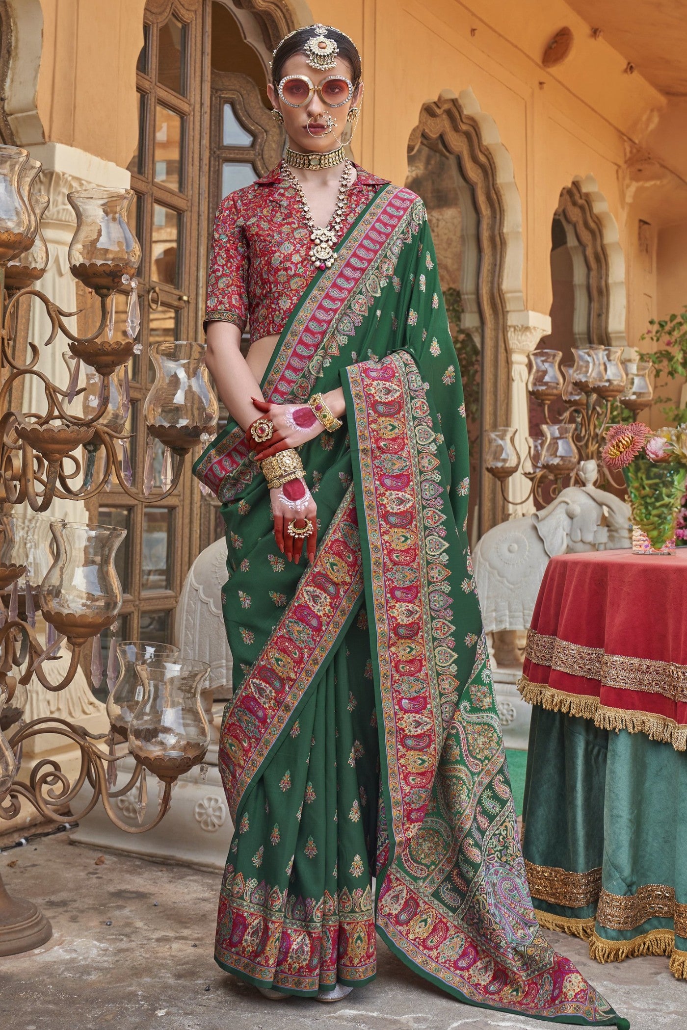 Buy MySilkLove Gladiolus Green Banarasi Jamawar Saree Online