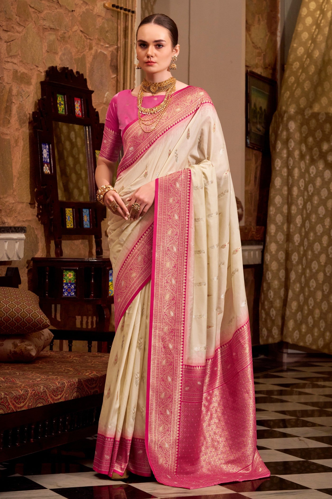 Buy MySilkLove Ivory Cream Woven Banarsi Saree Online