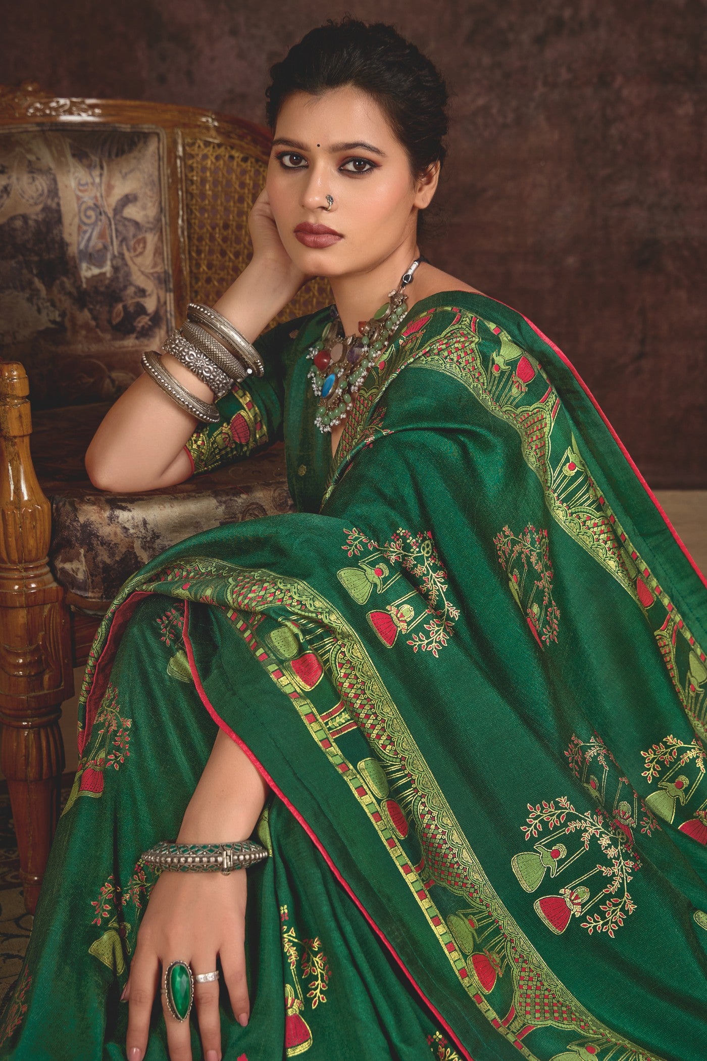 Buy MySilkLove Dark Leaf Green Tussar Rajwadi Printed Silk Saree Online