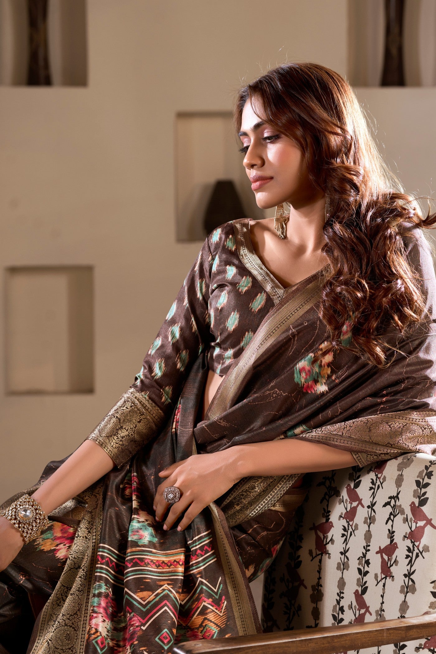 Buy MySilkLove Americano Coffee Brown Printed Soft Dola Silk Saree Online