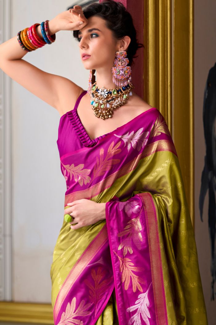 Buy MySilkLove Pesto Green and Pink Banarasi Soft Silk Saree Online