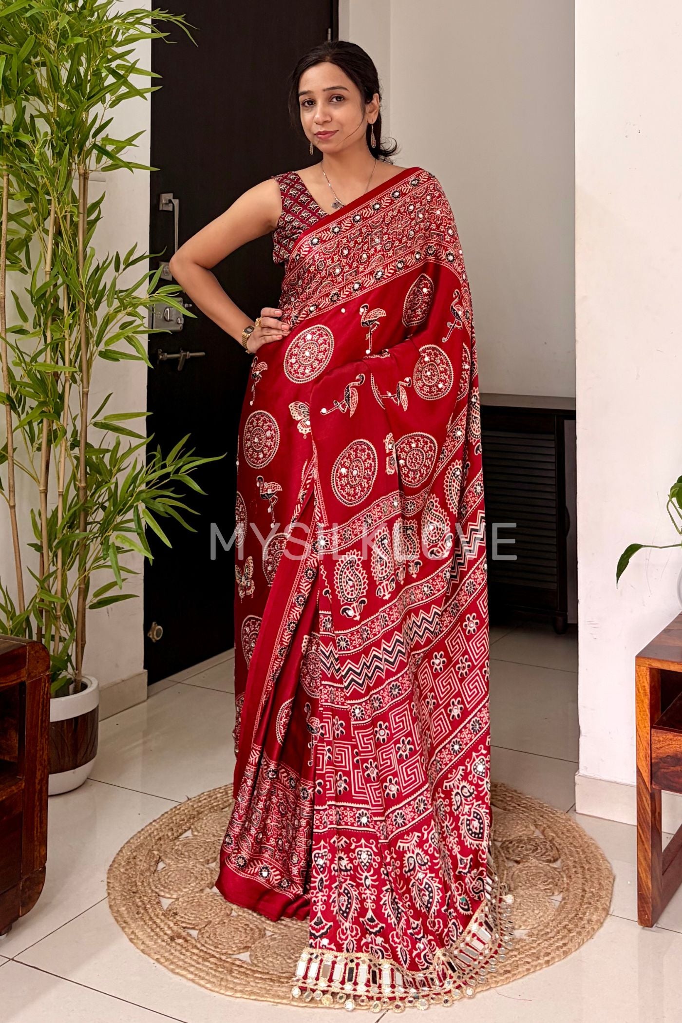 Buy MySilkLove Chili Red Ajrakh Satin Printed Mirror Work Saree Online