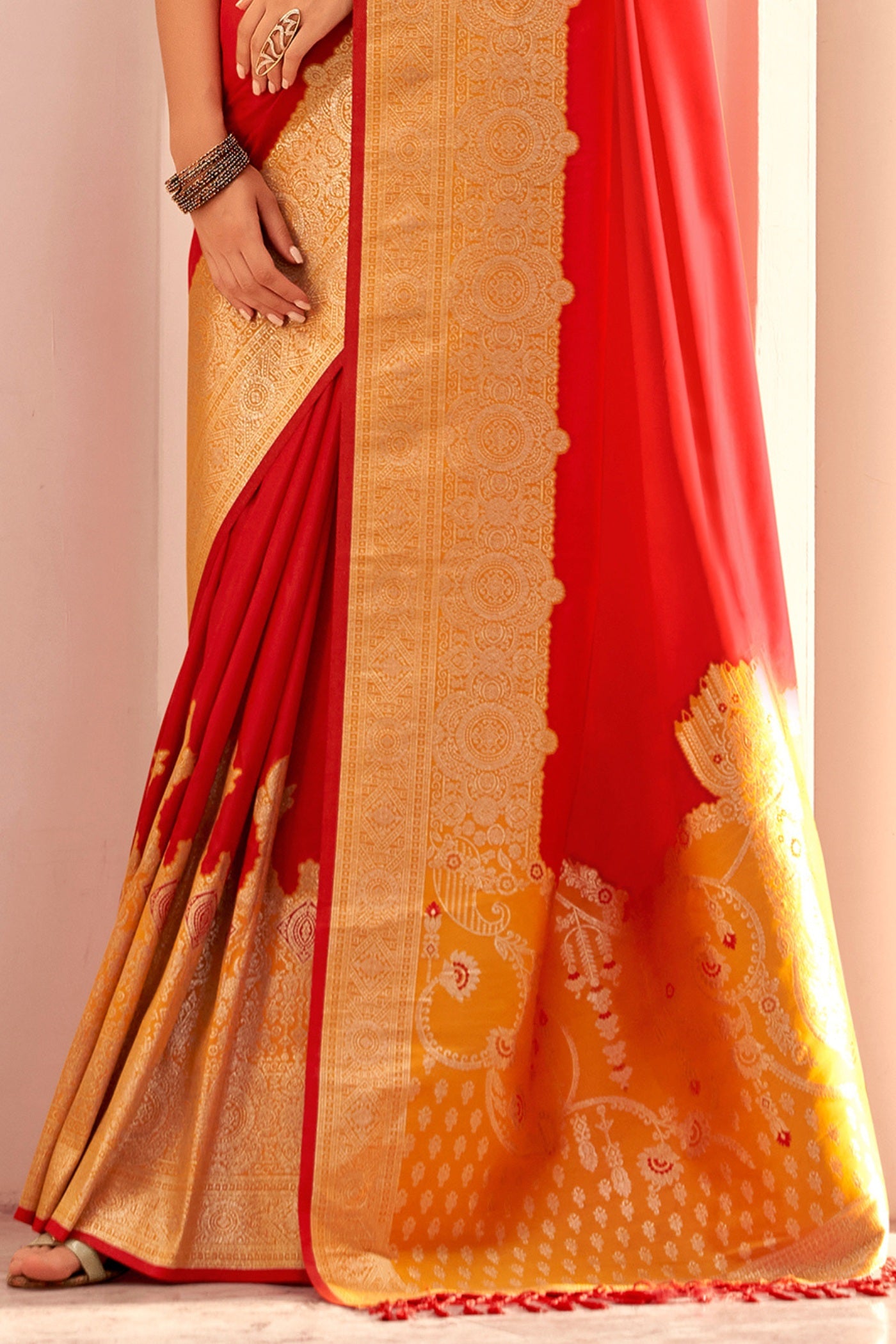 Buy MySilkLove Fire Red Woven Banarasi Soft Silk Saree Online