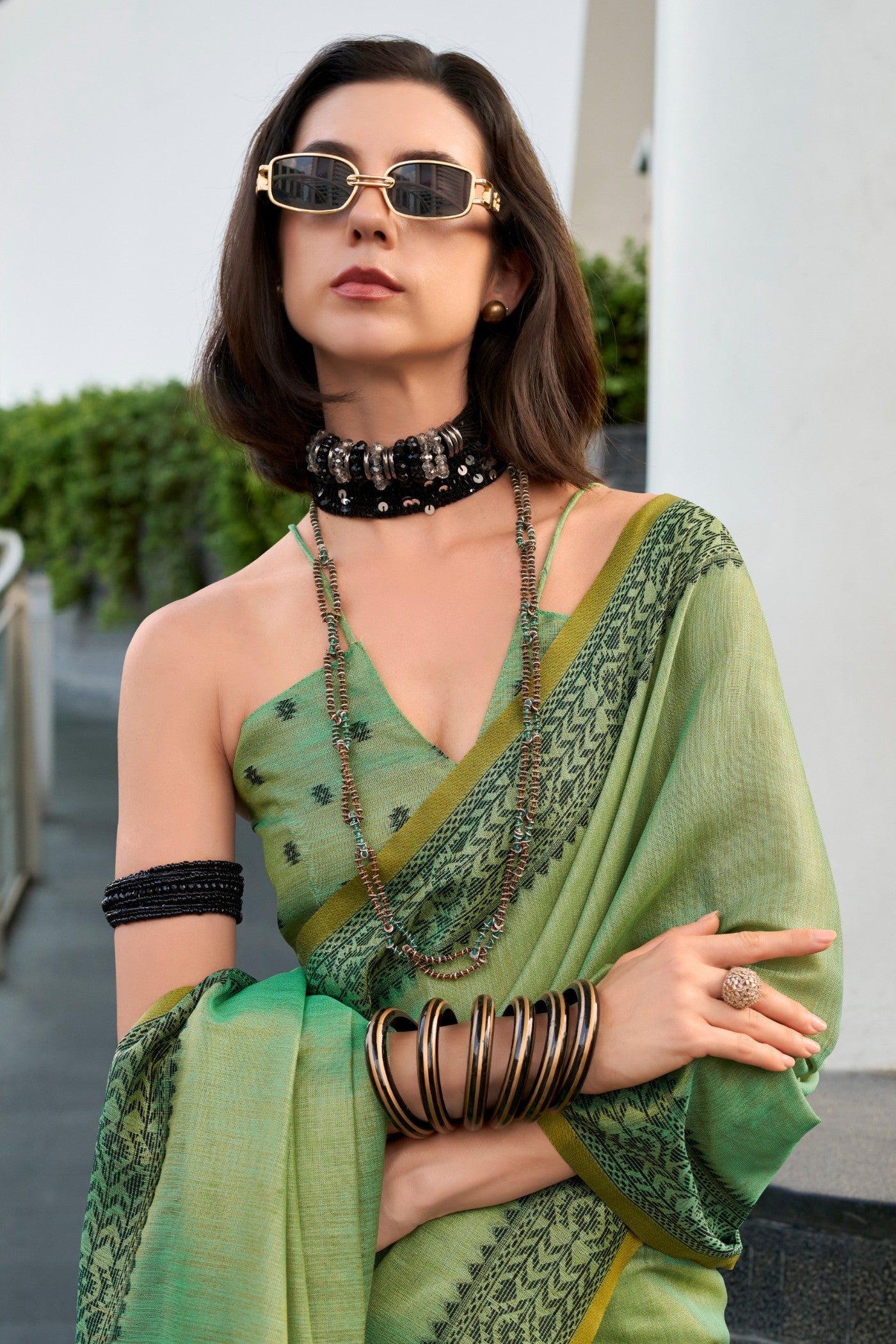 MySilkLove Verdun Green Linen Tissue Silk Saree