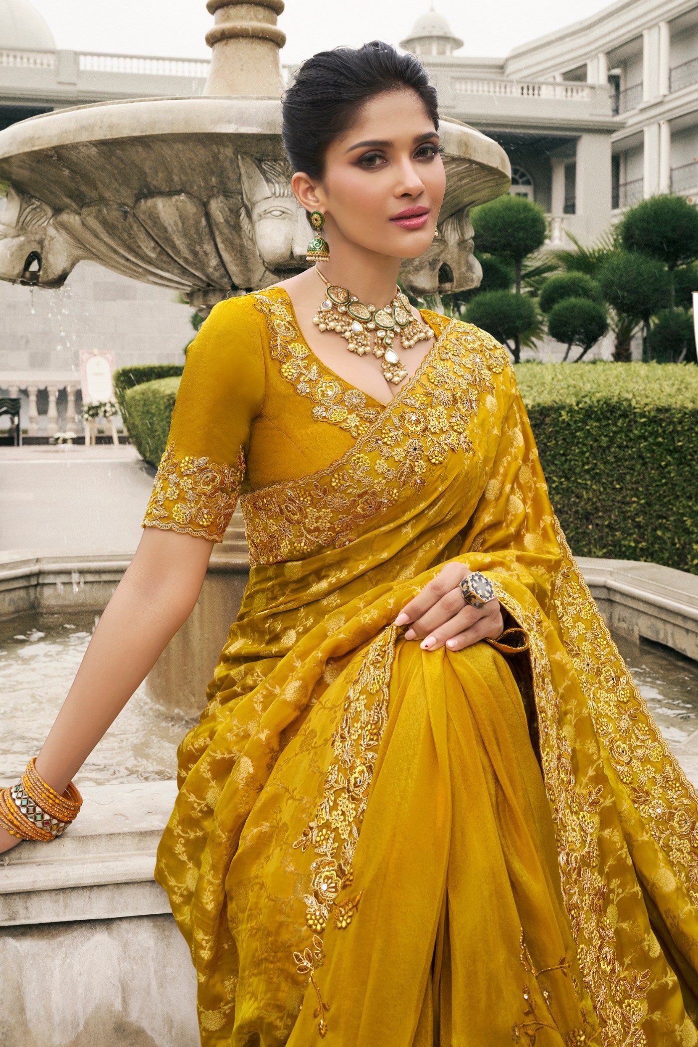 Buy MySilkLove Mango Yellow Banarasi Designer Embroidered Saree Online