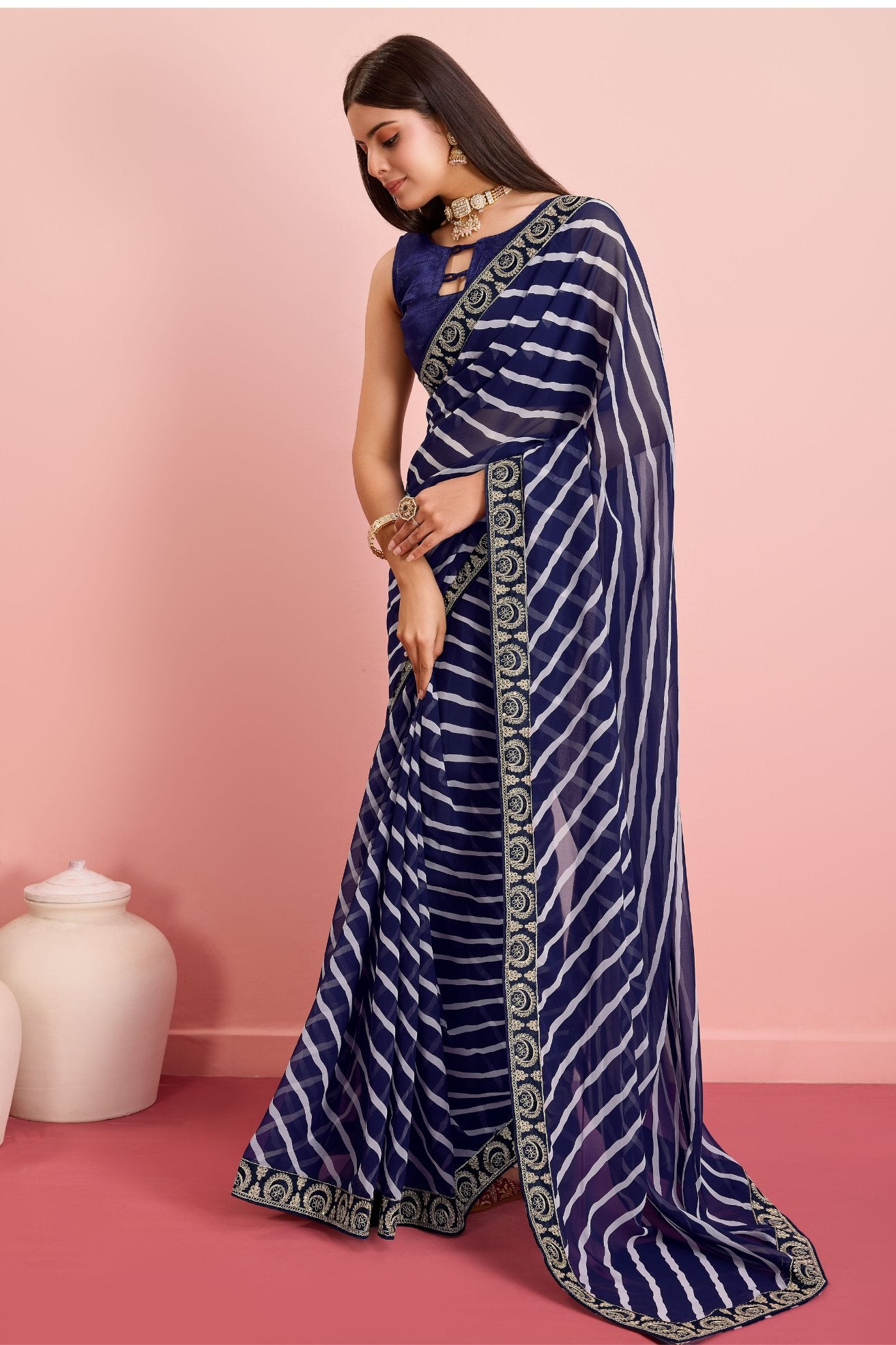 MySilkLove Port Gore Blue Georgette Lehriya Silk saree