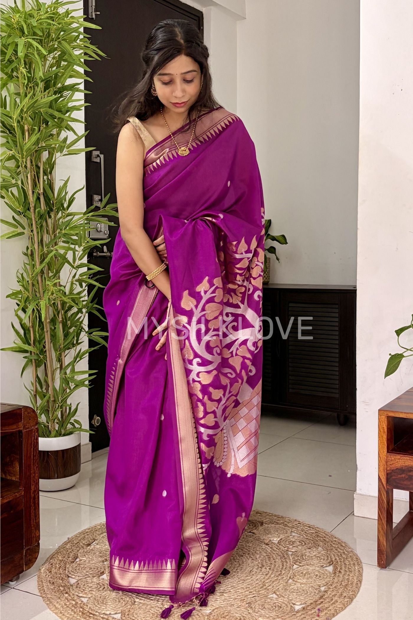 Buy MySilkLove Dark Pink Pichwai Woven temple border Pure Cotton Silk Saree Online