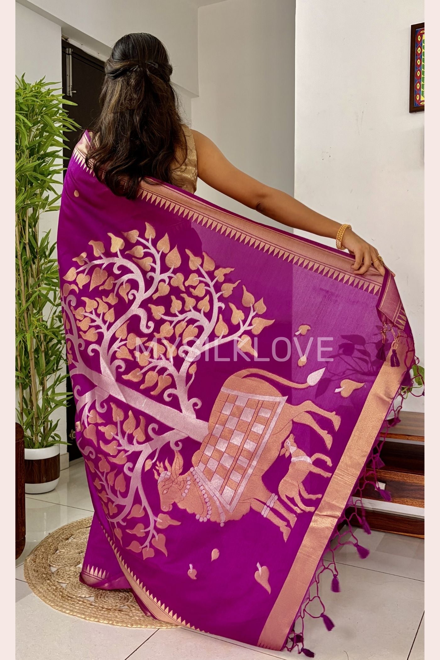 Buy MySilkLove Dark Pink Pichwai Woven temple border Pure Cotton Silk Saree Online