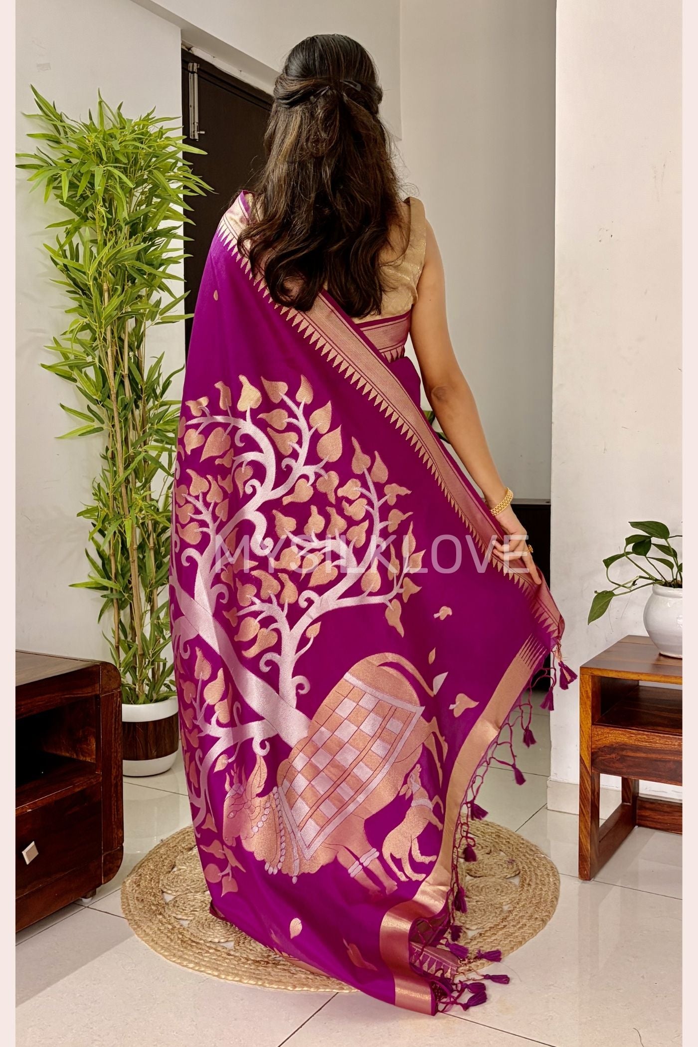 Buy MySilkLove Dark Pink Pichwai Woven temple border Pure Cotton Silk Saree Online