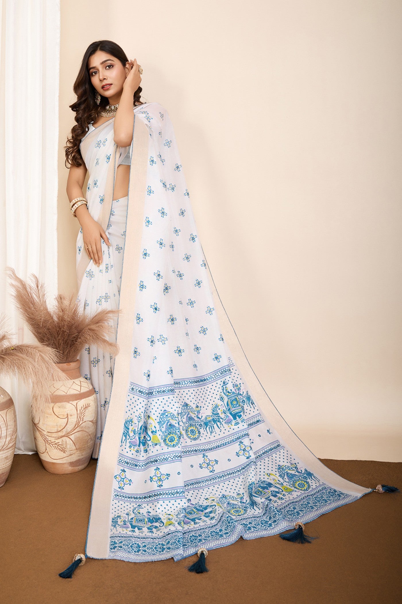 Buy MySilkLove Frost White and Blue Printed Cotton Designer Saree Online