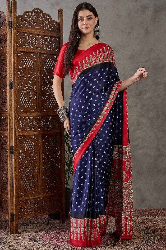 Buy MySilkLove Bismark Blue and Red Ajrakh Printed Satin Gaji Silk Saree Online