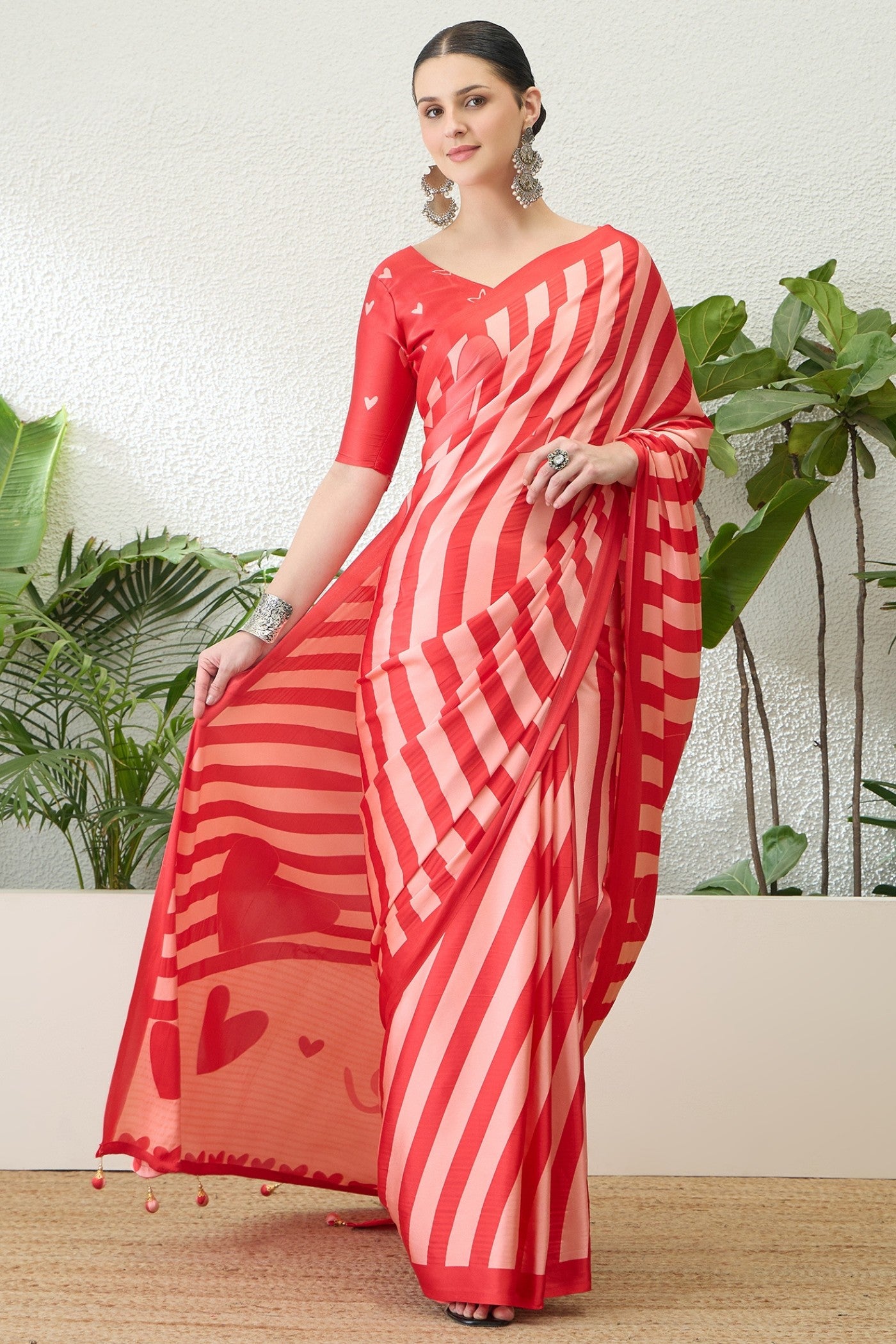 Buy MySilkLove Coral Red Printed Satin Crepe Silk Saree Online