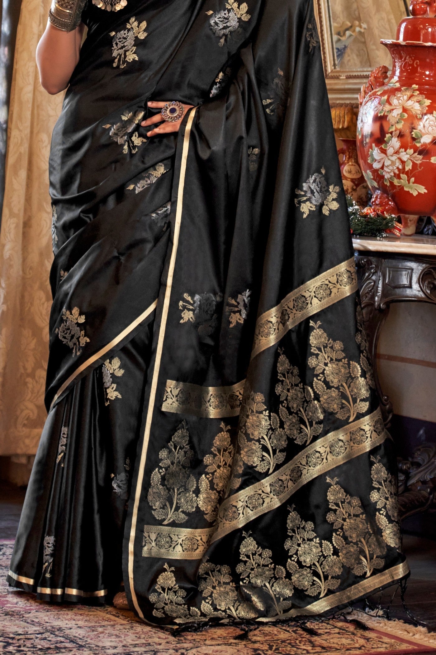 Buy MySilkLove Grease Black Banarasi Satin Saree Online