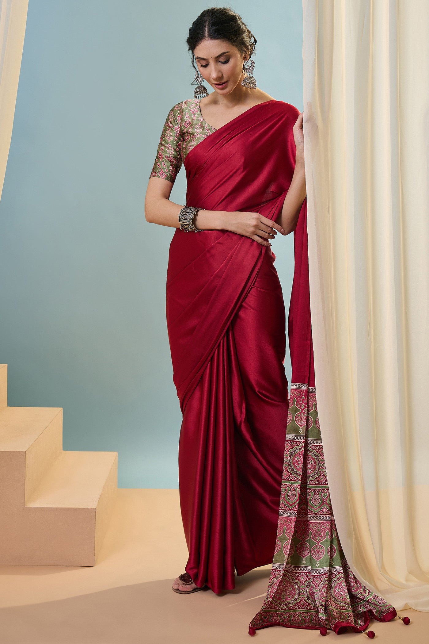 Buy MySilkLove Lumen Red Ajrakh Printed Satin Crepe Silk Saree Online