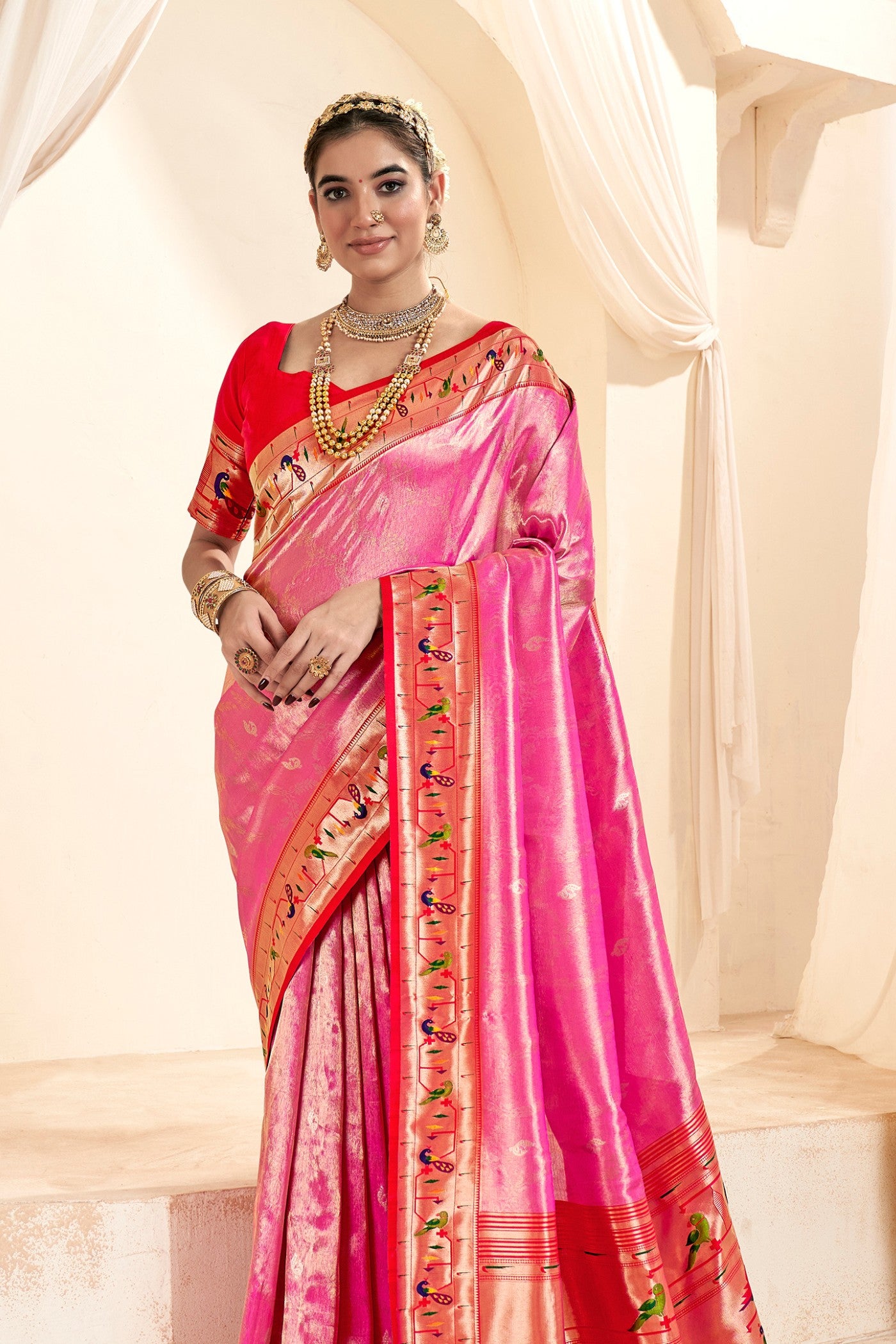 MySilkLove Coral Pink Zari Woven Paithani Tissue Saree