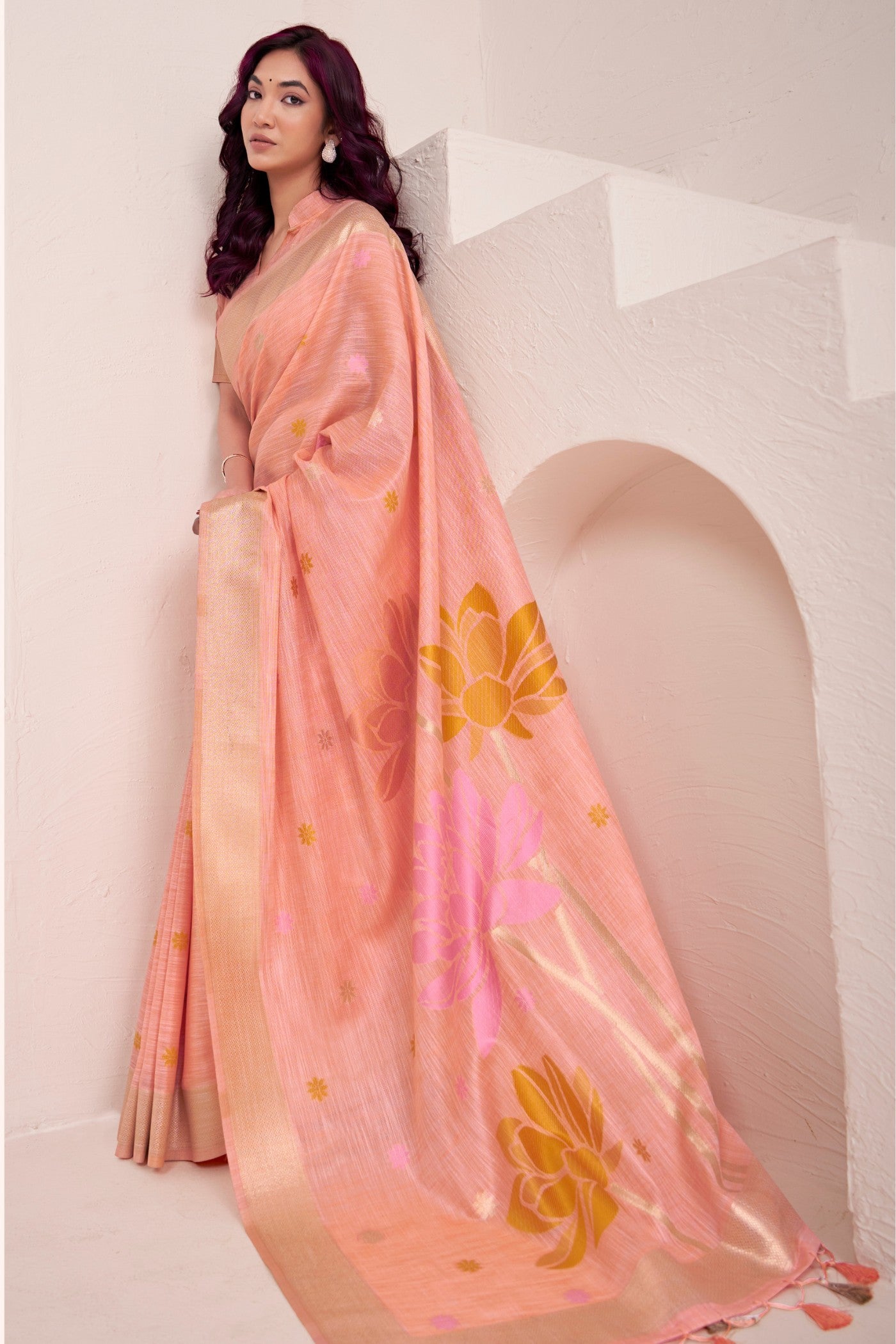 Buy MySilkLove Melon Peach Woven Linen Saree Online