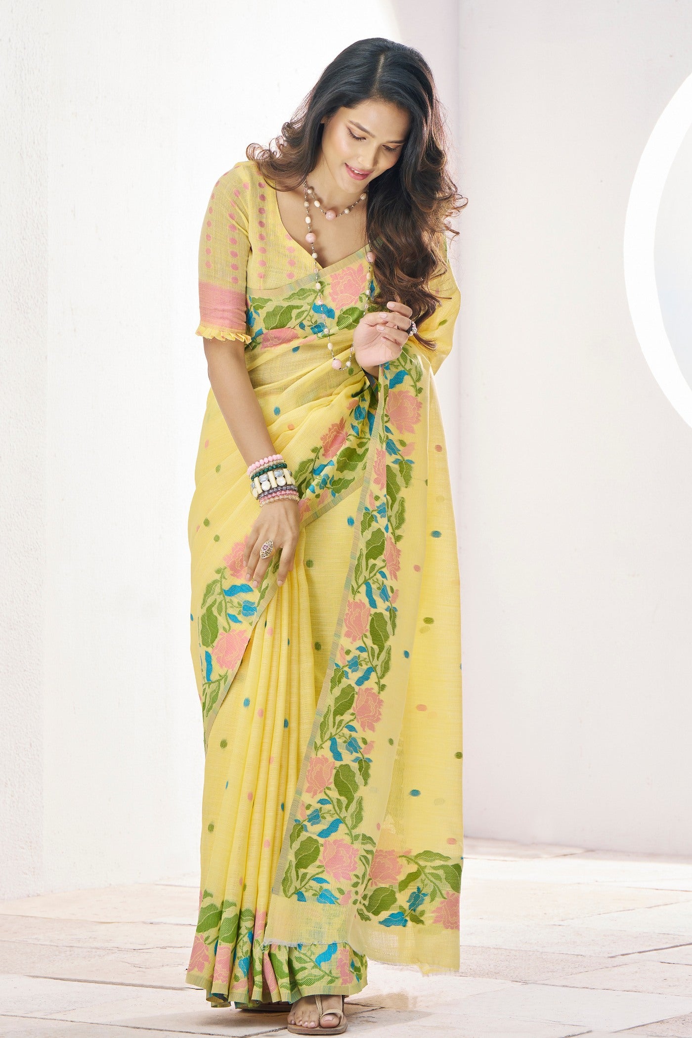 Buy MySilkLove Putty Yellow Printed Linen Saree Online