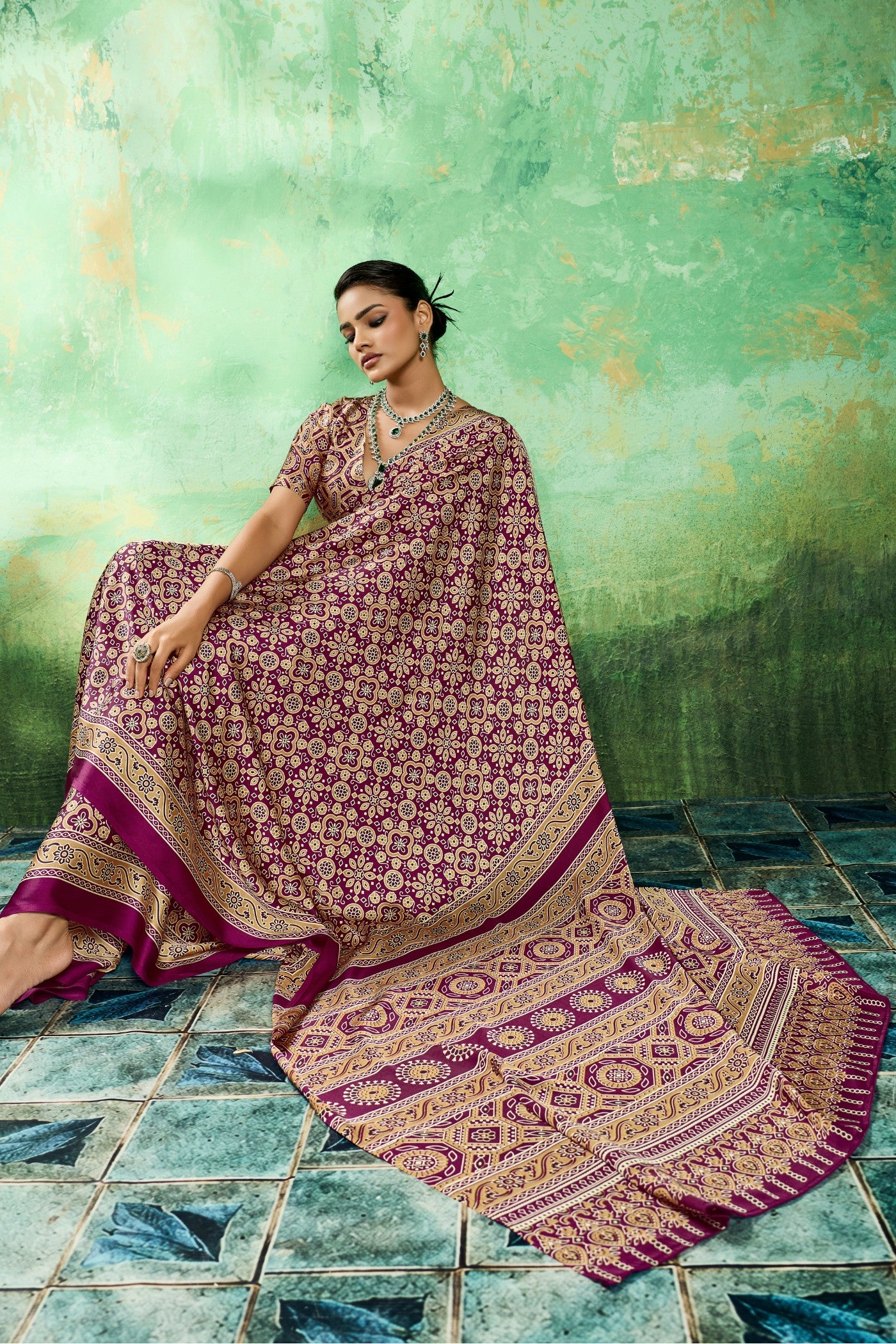Buy MySilkLove Royal Garnet Purple Modal Ajrakh Satin Printed Silk Saree Online