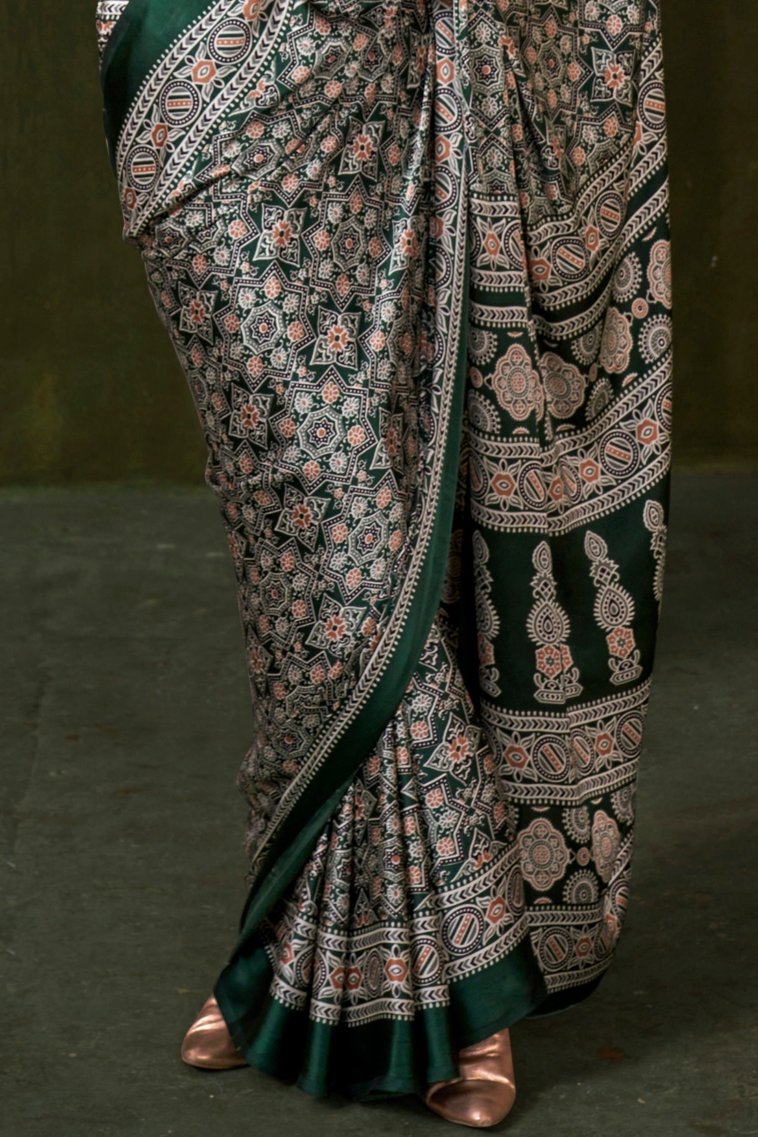 Buy MySilkLove Hunter Green Ajrakh Printed Satin Crepe Silk Saree Online