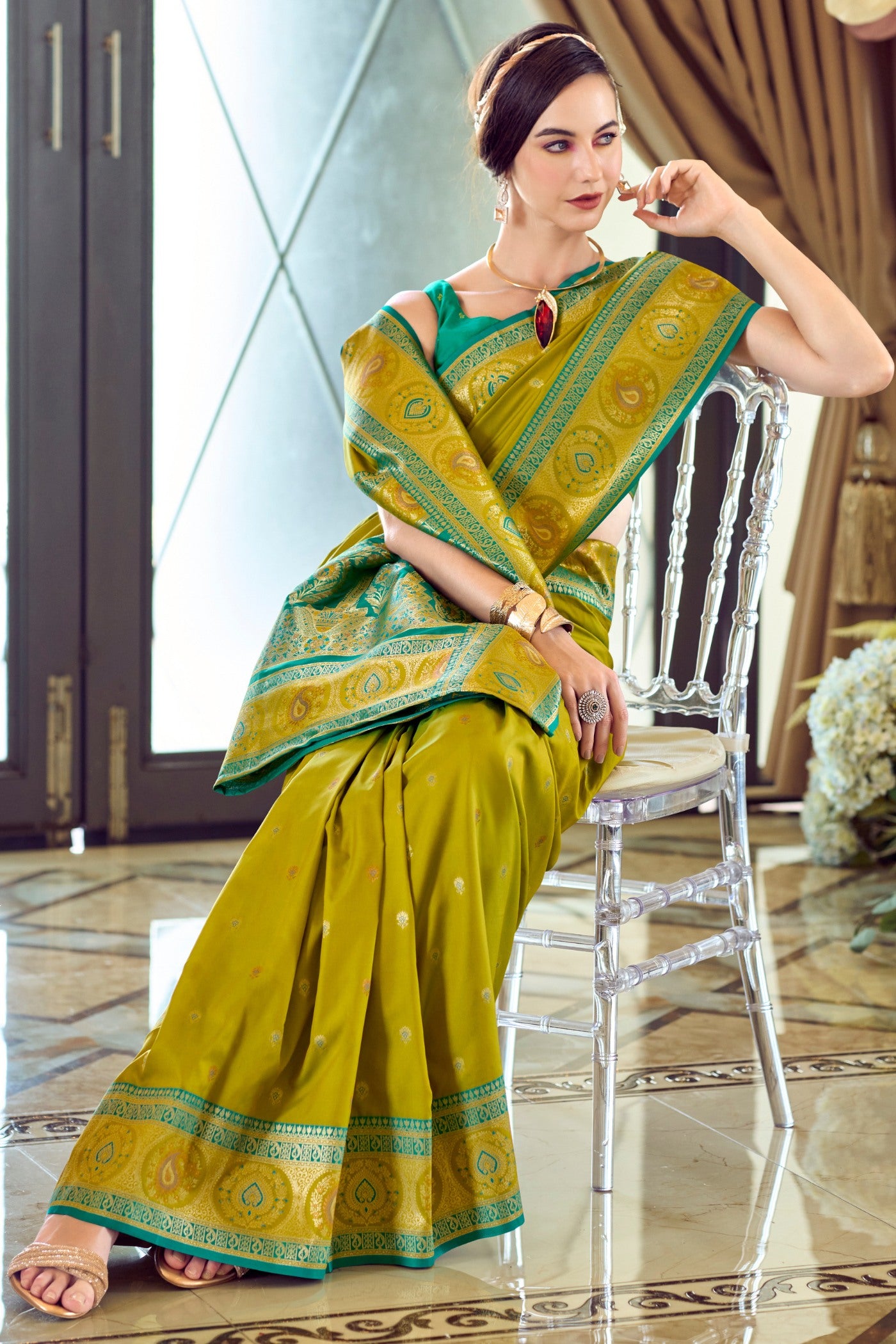 MySilkLove Hacienda Green Woven Banarasi Soft Silk Saree