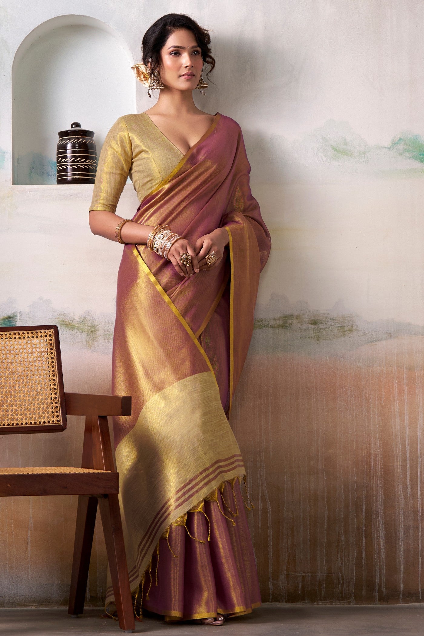 Buy MySilkLove Pecan Brown Handloom Tissue Saree Online