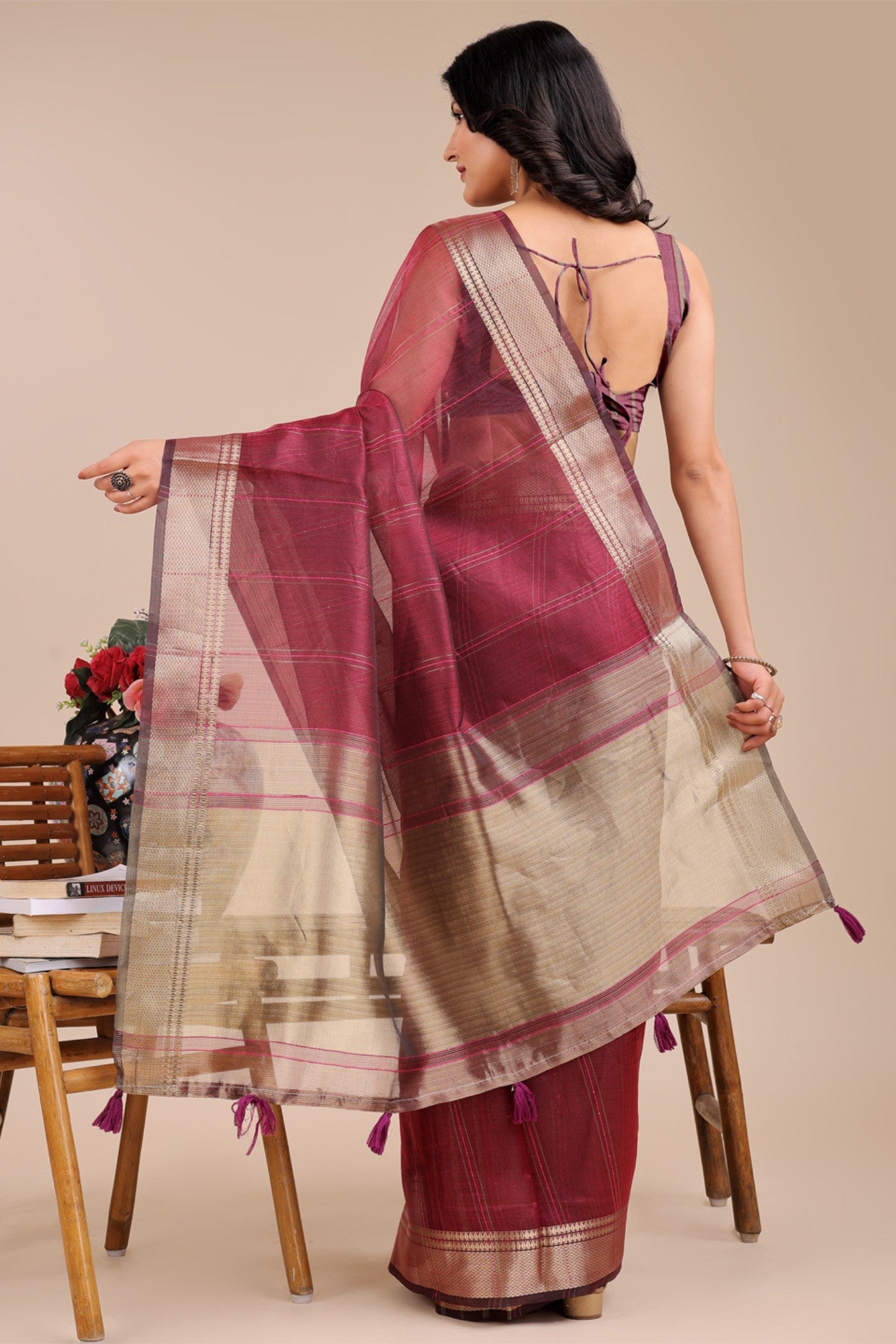Buy MySilkLove Burgundy Maroon Woven Organza Saree Online