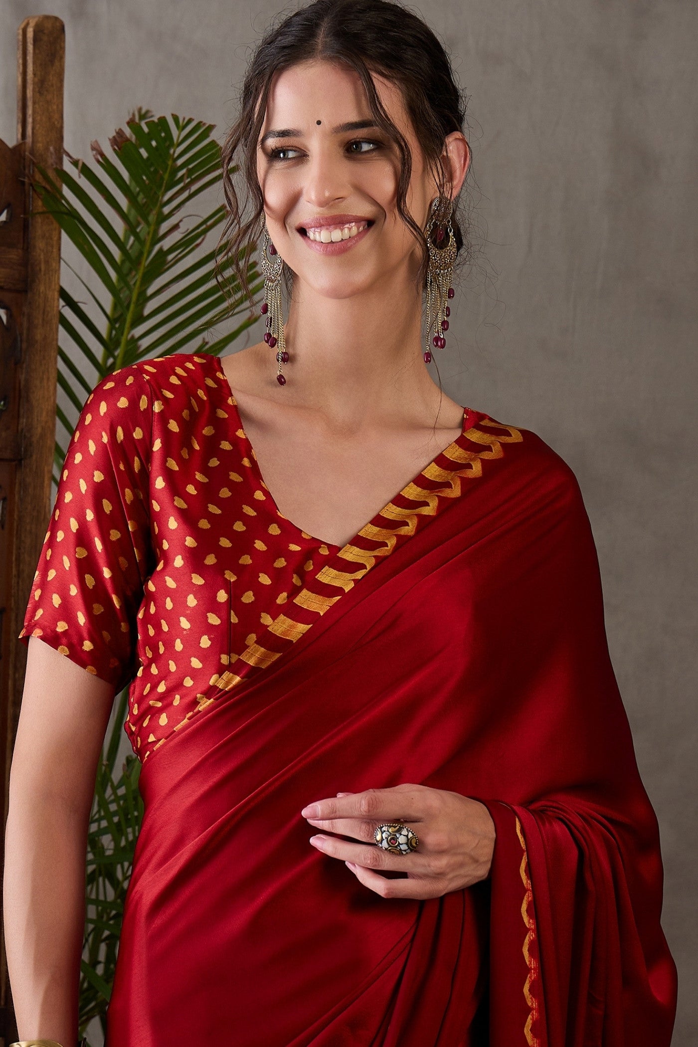MySilkLove Fire Red Printed Satin Gaji Silk Saree