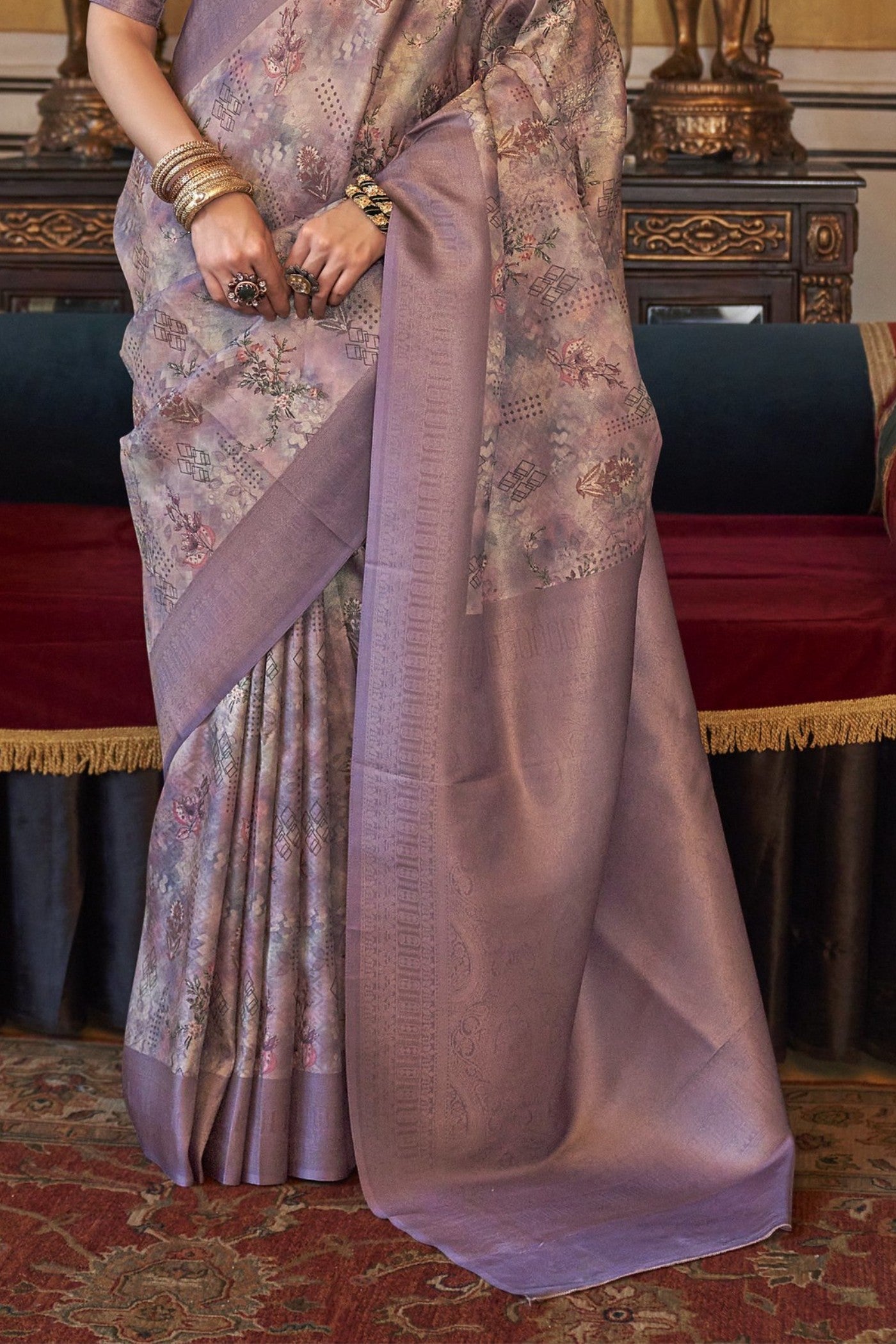 Buy MySilkLove Bouquet Purple Tussar Banarasi Digital Printed Saree Online