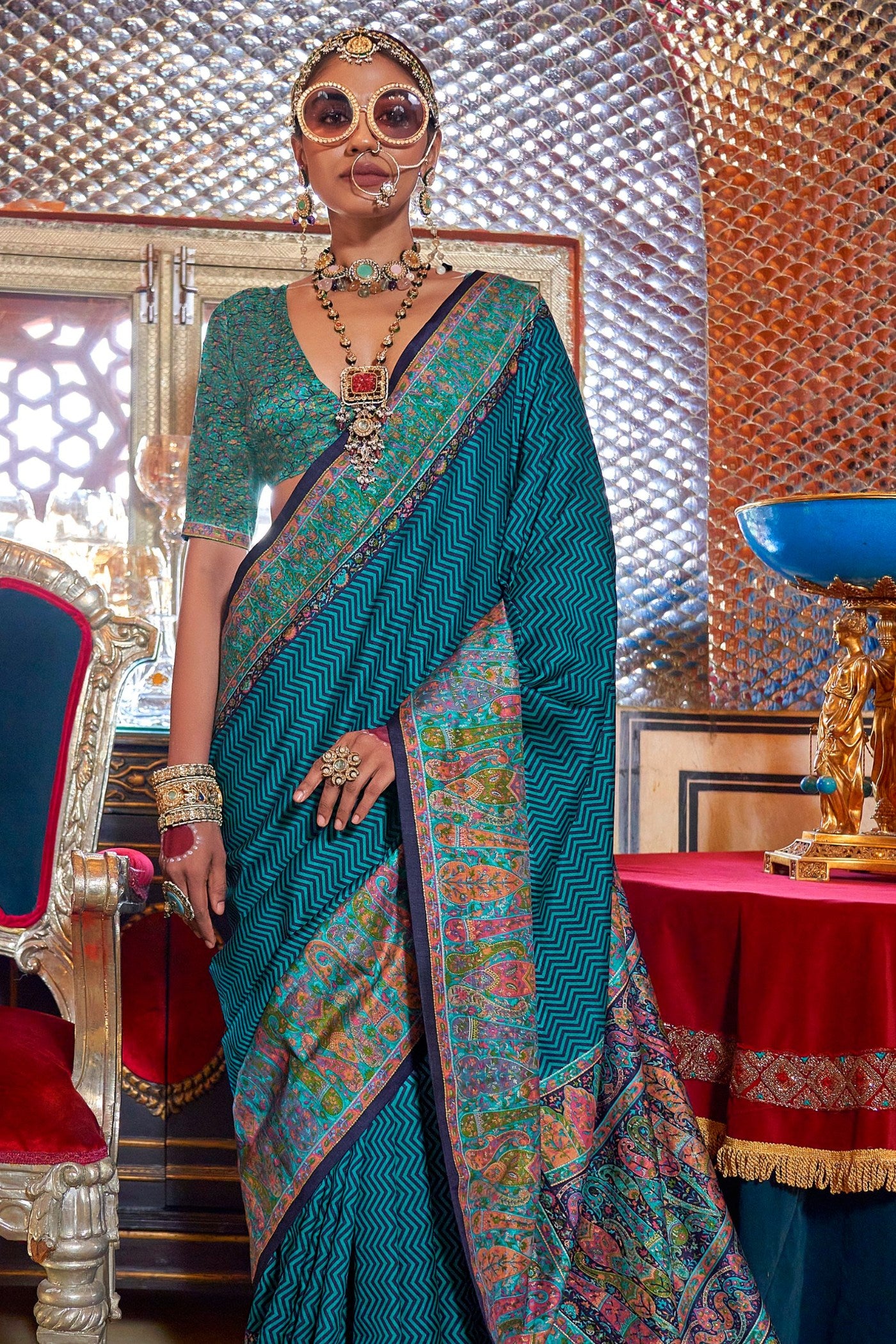 Buy MySilkLove Globe thistle Blue Banarasi Jamawar Saree Online