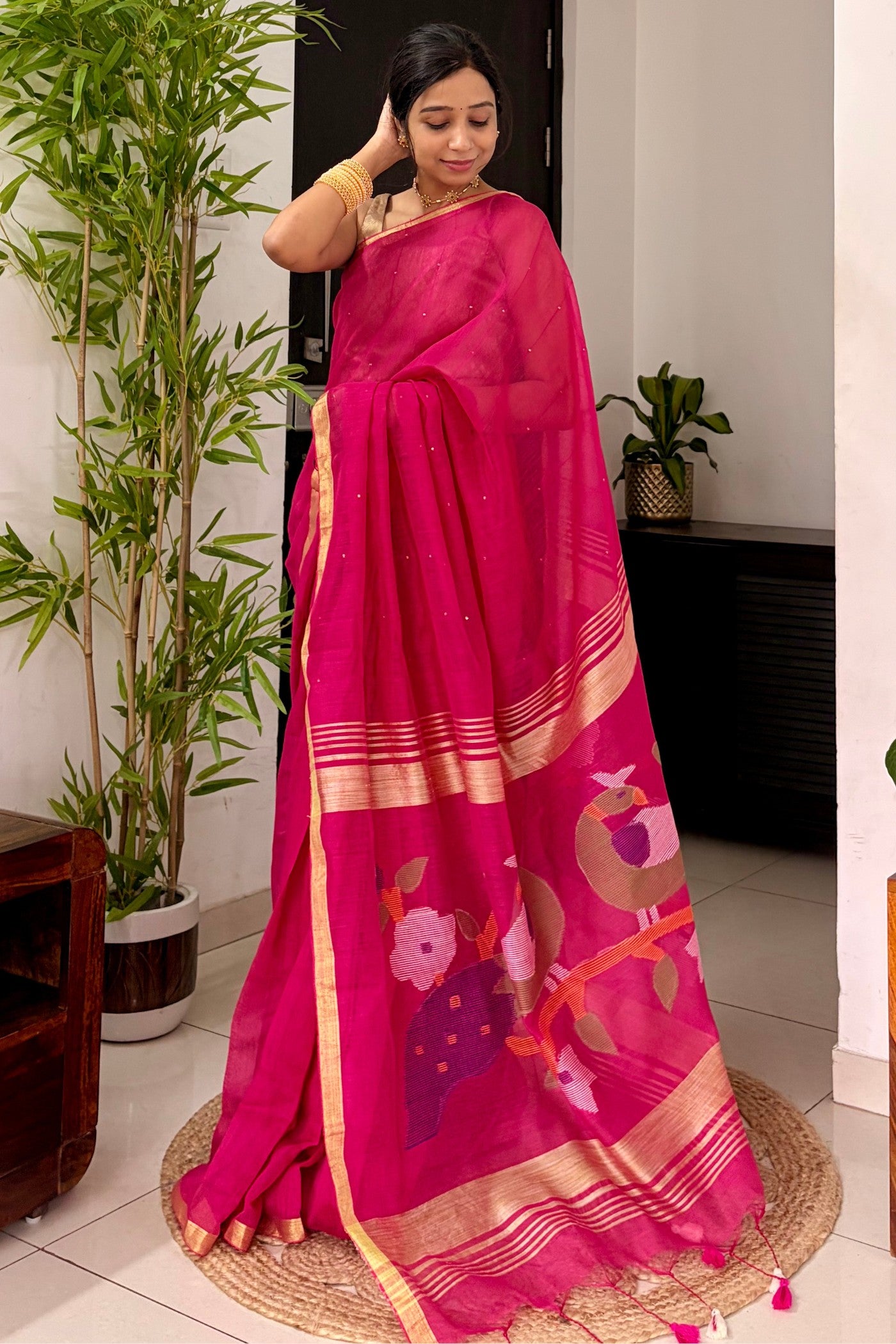 Buy MySilkLove Zinnia Pink Handloom Chanderi Cotton Silk Saree Online