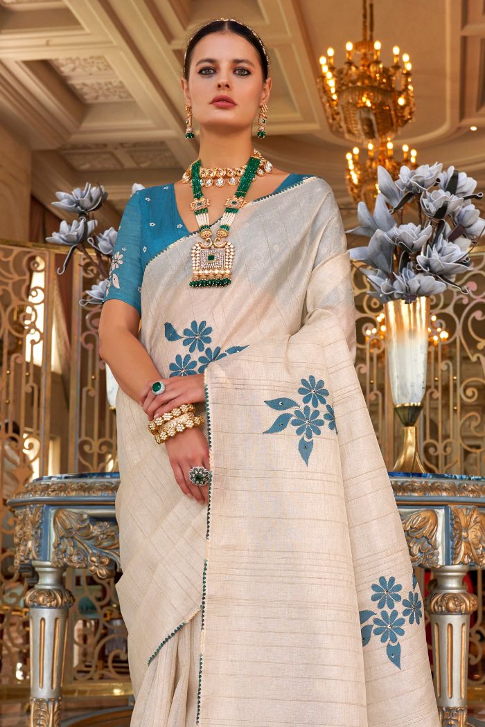 Buy MySilkLove Albescent White and Blue Woven Tussar Floral Silk Saree Online