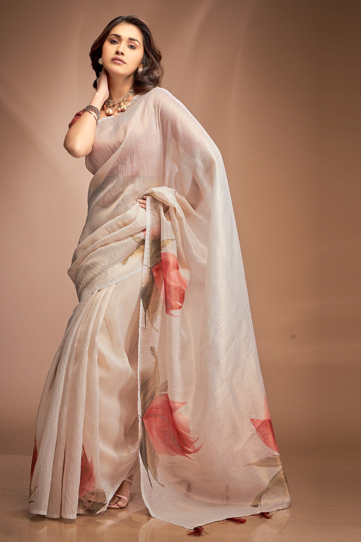 MySilkLove Magnolia White Printed Tissue Saree