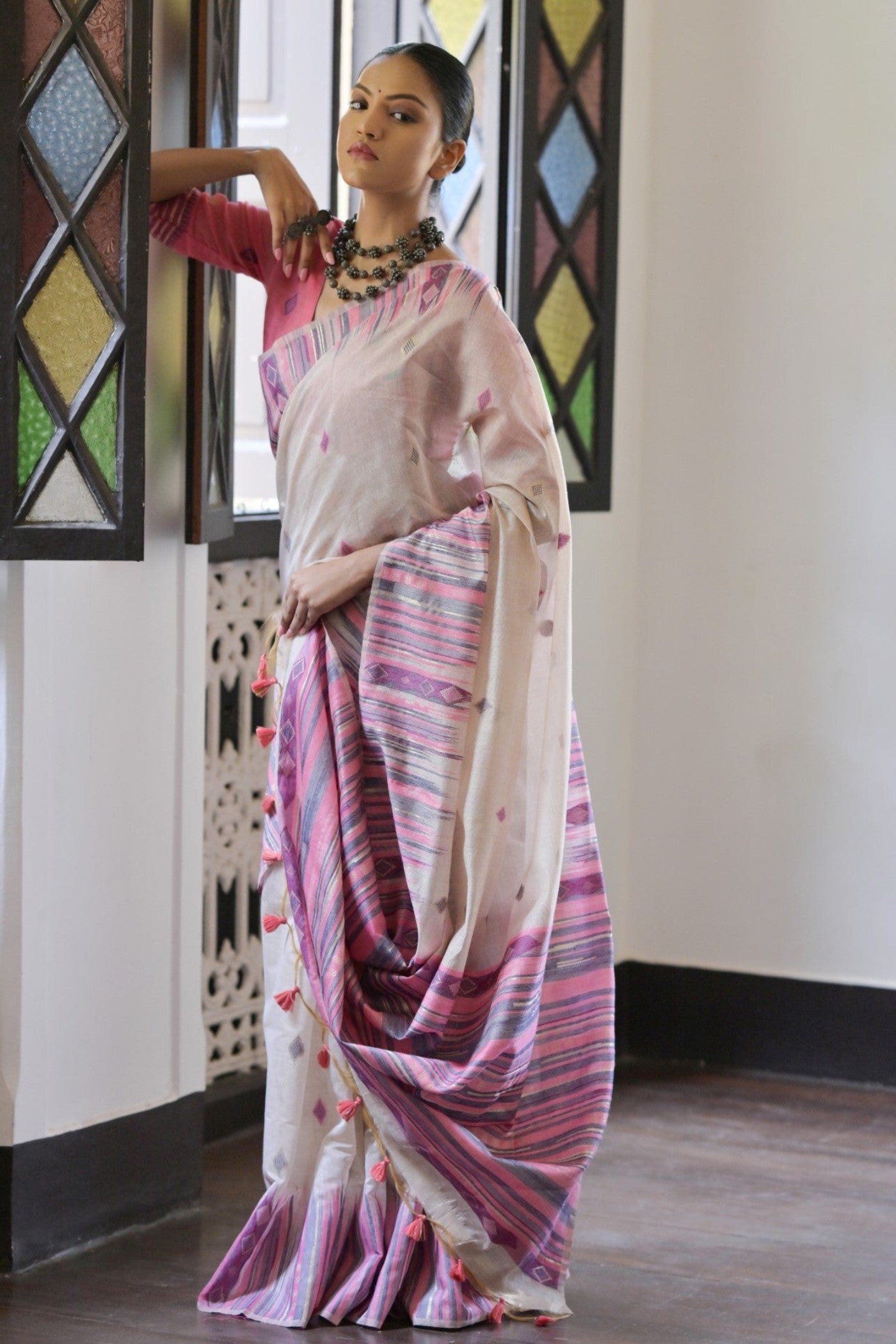 Buy MySilkLove Smoke White and Purple Muga Cotton Saree Online