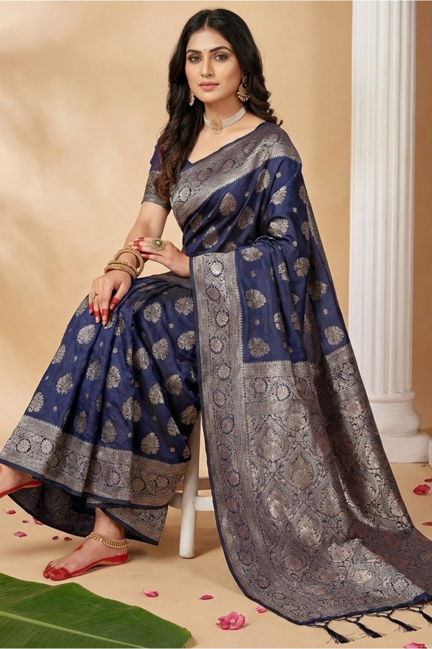MySilkLove Navy Blue Banarasi Woven Silk Saree