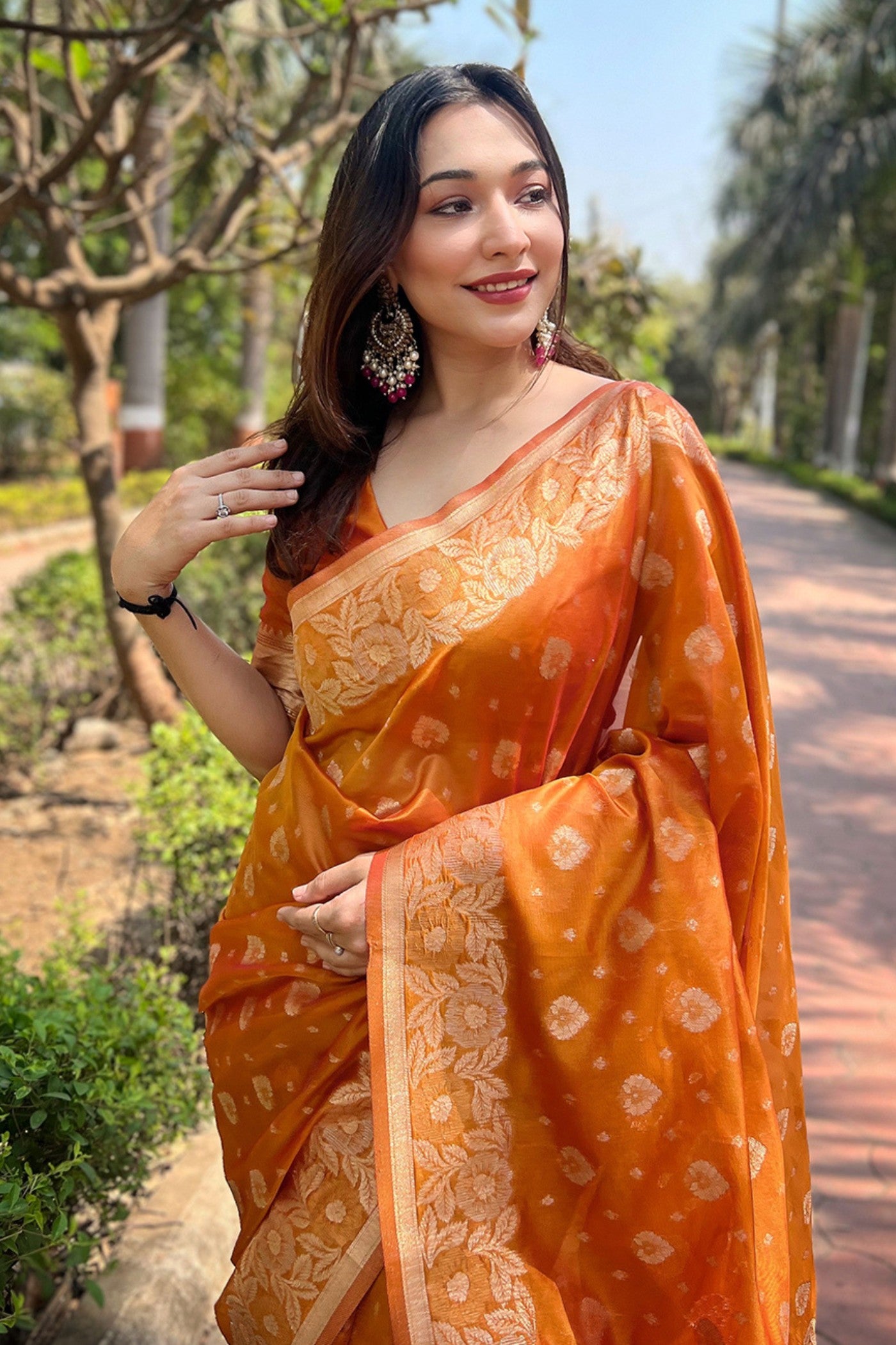 Buy MySilkLove Tan Orange Zari Woven Organza Saree Online