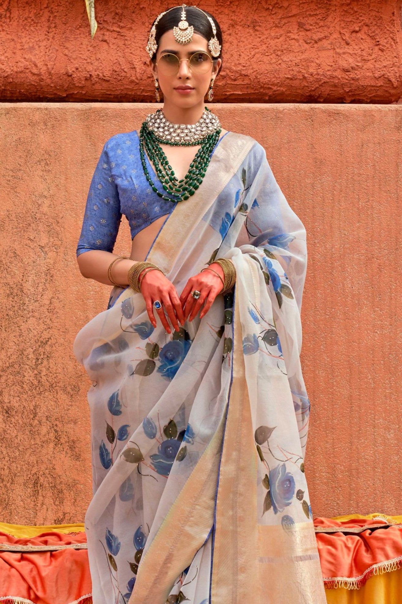 Buy MySilkLove Ice White and Blue Zari Woven Organza Saree Online