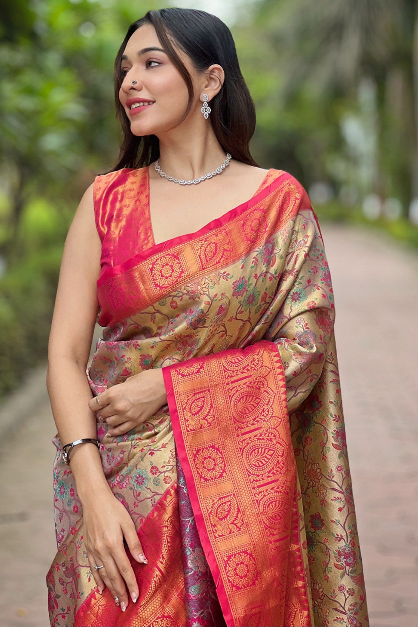 Buy MySilkLove Valencia Red and Cream Woven Banarasi Saree Online