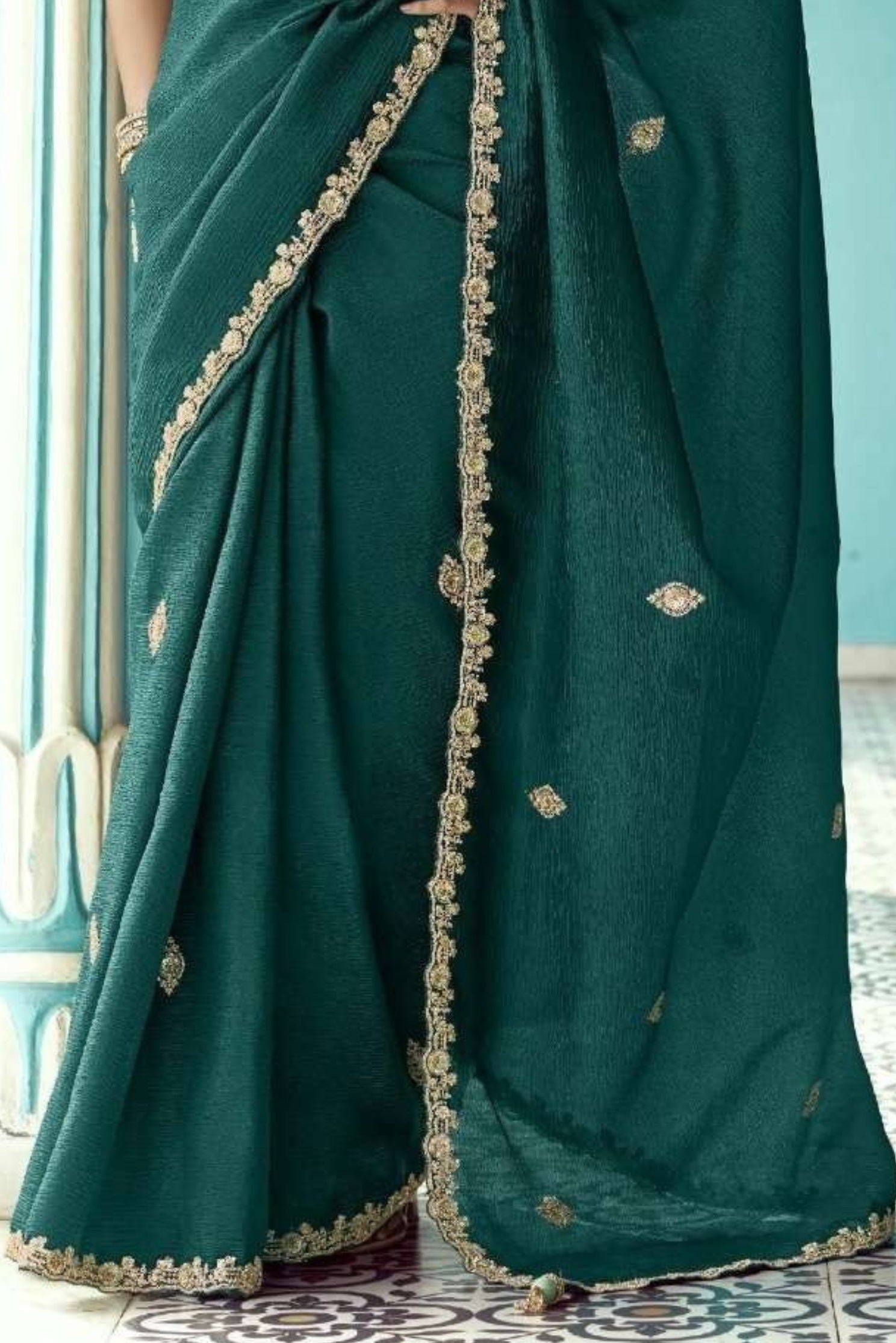 Buy MySilkLove Sherwood Green Embroidered Tissue Designer Saree Online