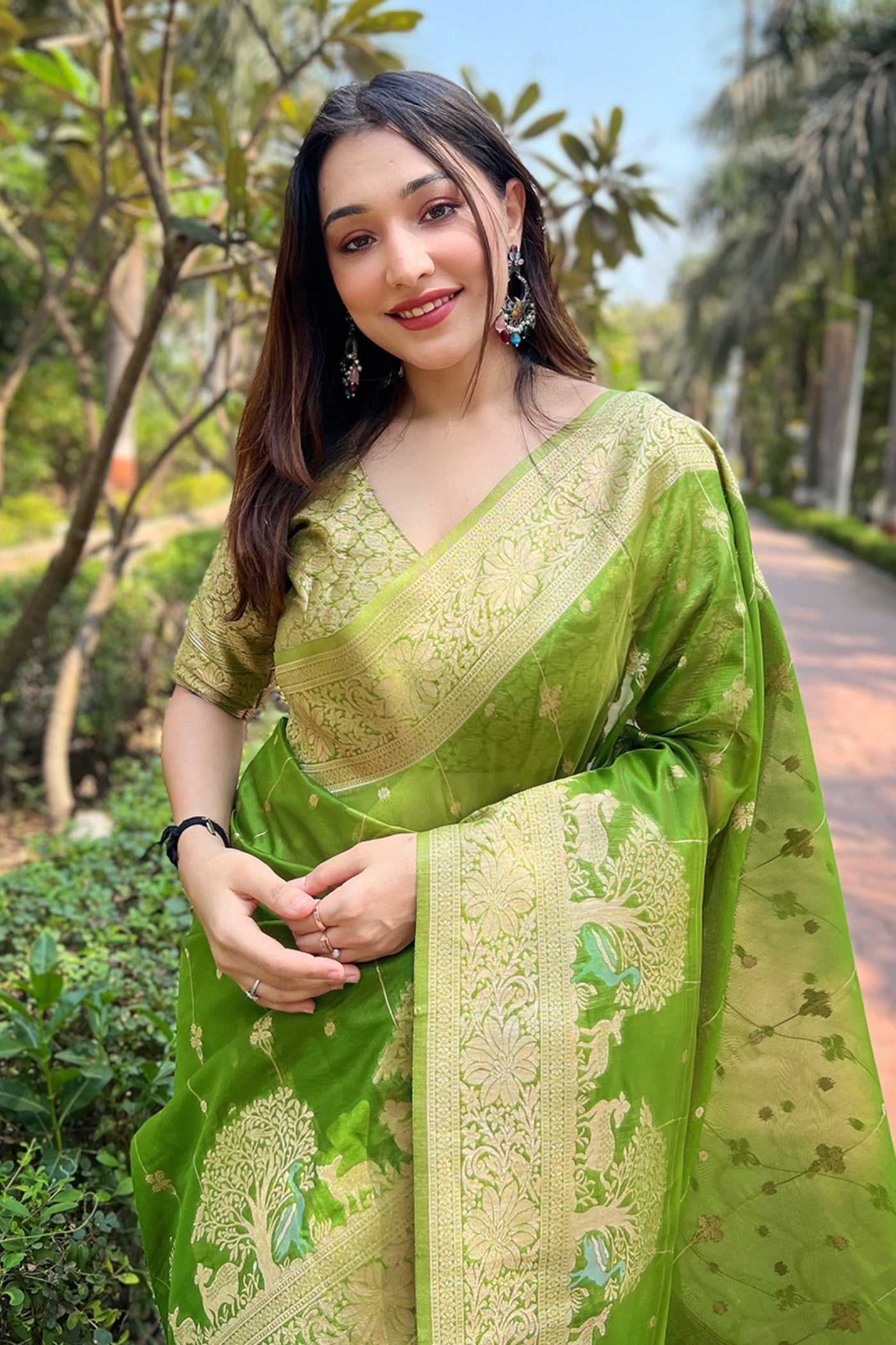 Buy MySilkLove Celery Green Woven Organza Saree Online