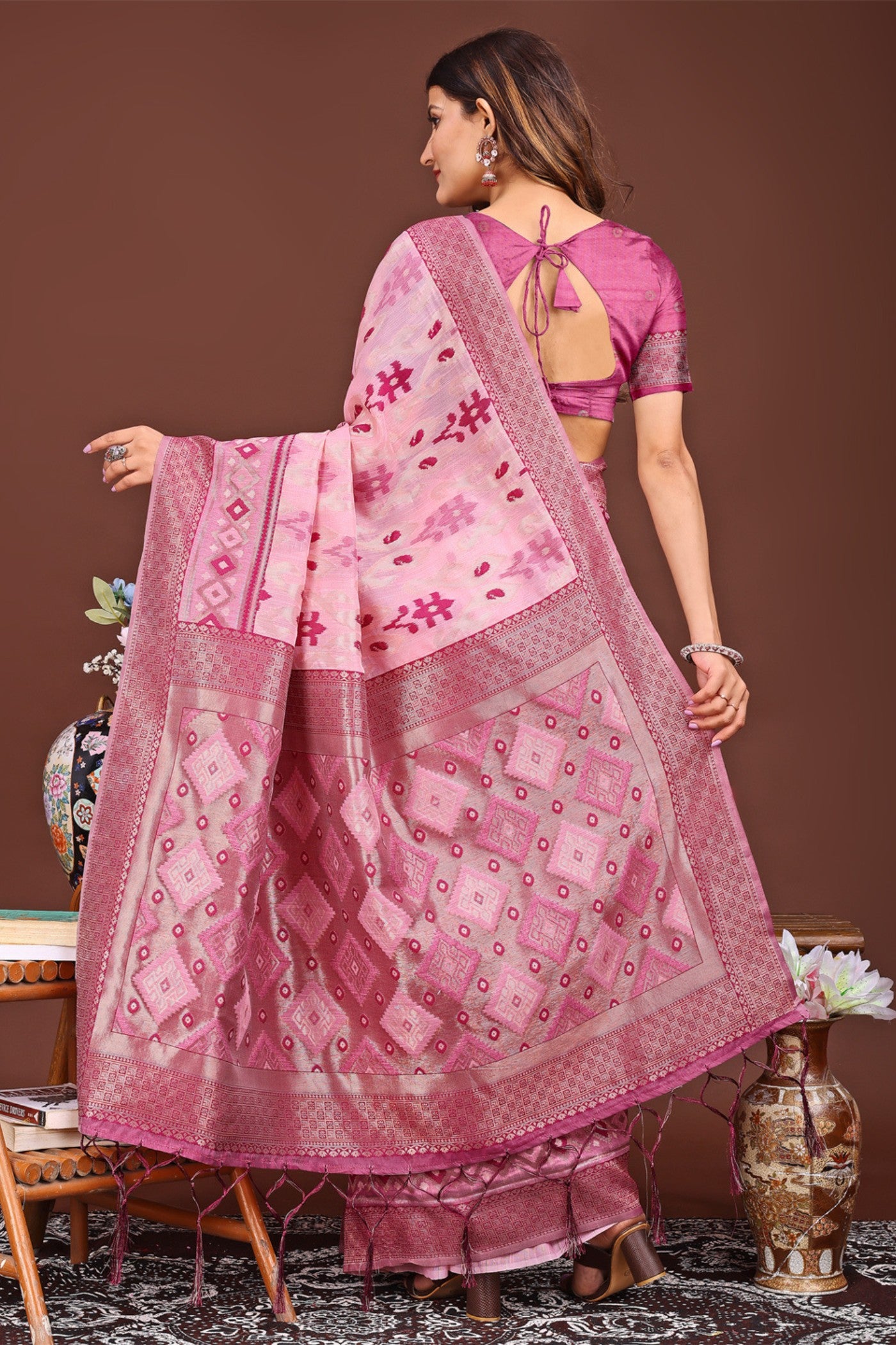 Buy MySilkLove Cameo Pink Woven Linen Cotton Saree Online