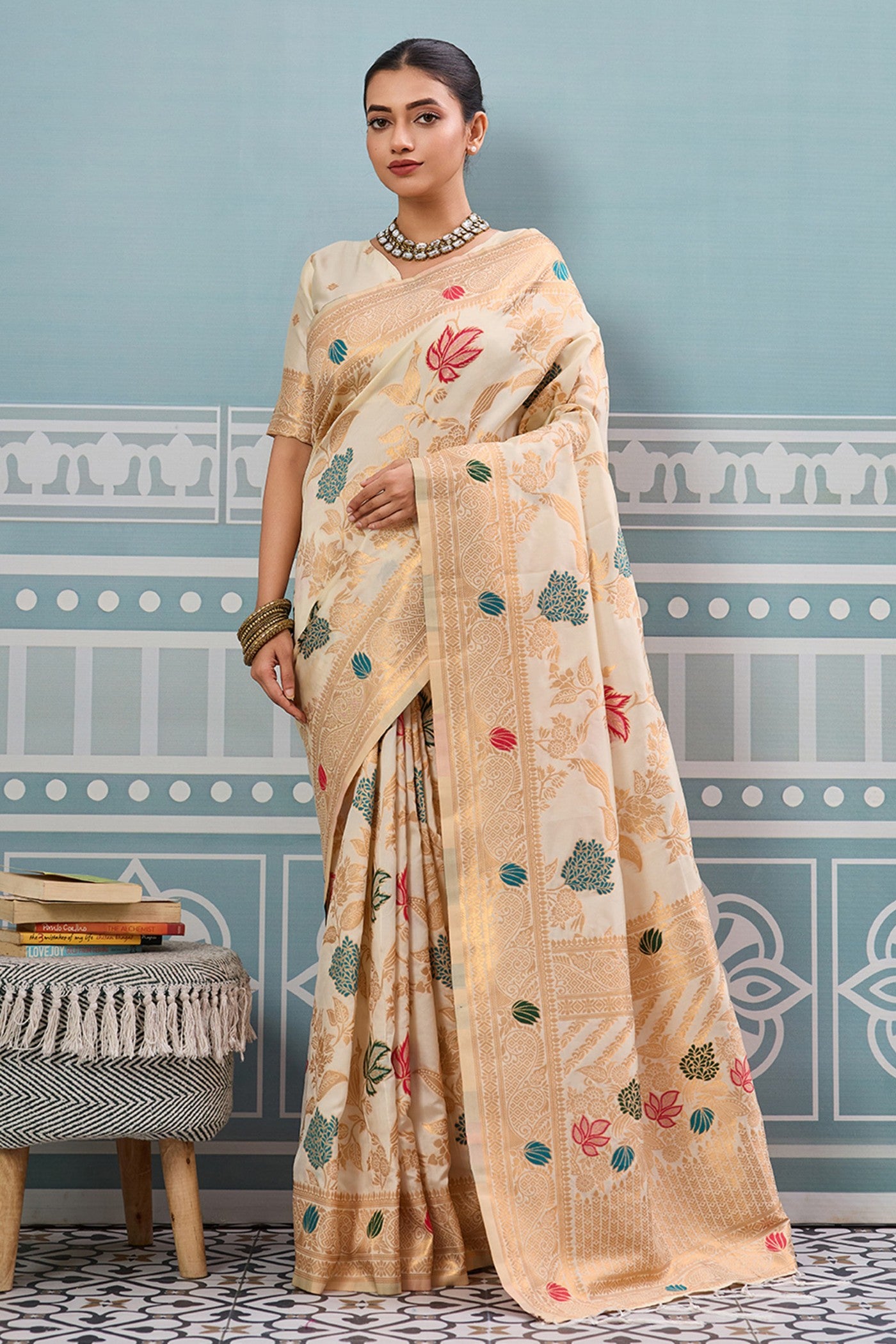 Buy MySilkLove Pueblo Cream Woven Banarasi Saree Online