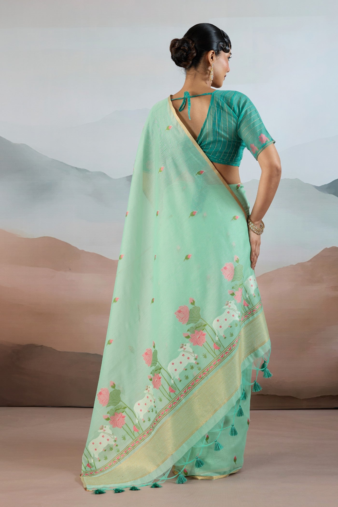 Buy MySilkLove Spring Green Cotton Handloom Pichwai Saree Online