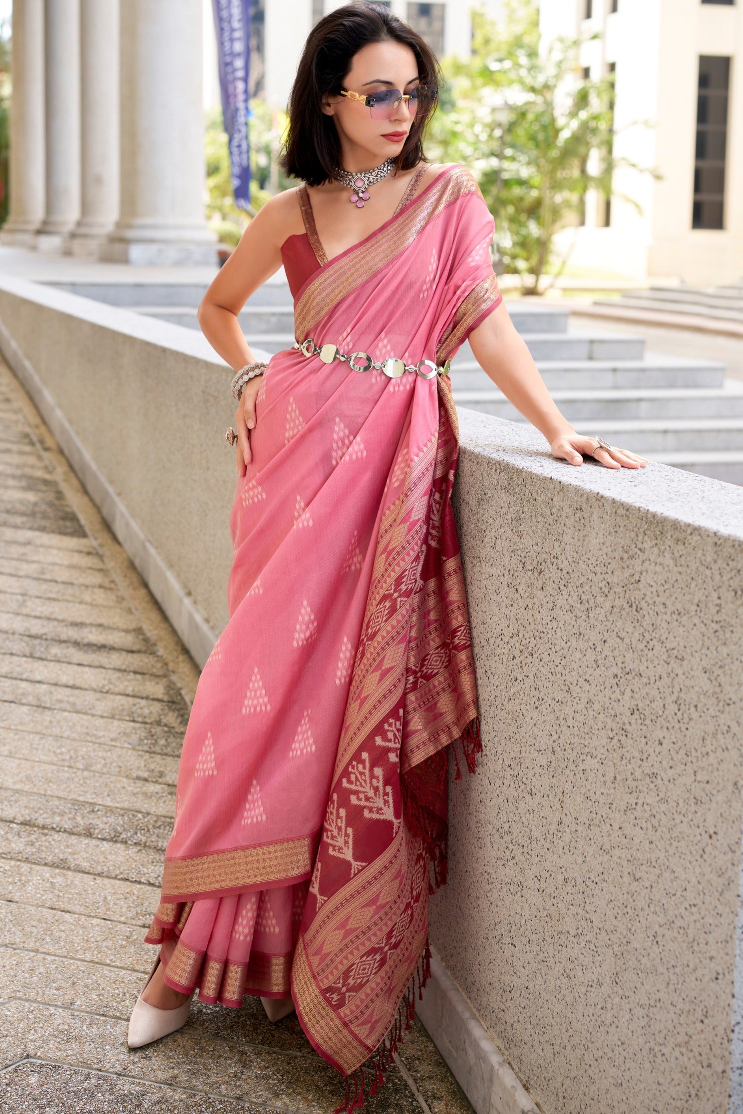 Buy MySilkLove Midnight Moss Pink Ikkat Woven Banarasi Saree Online