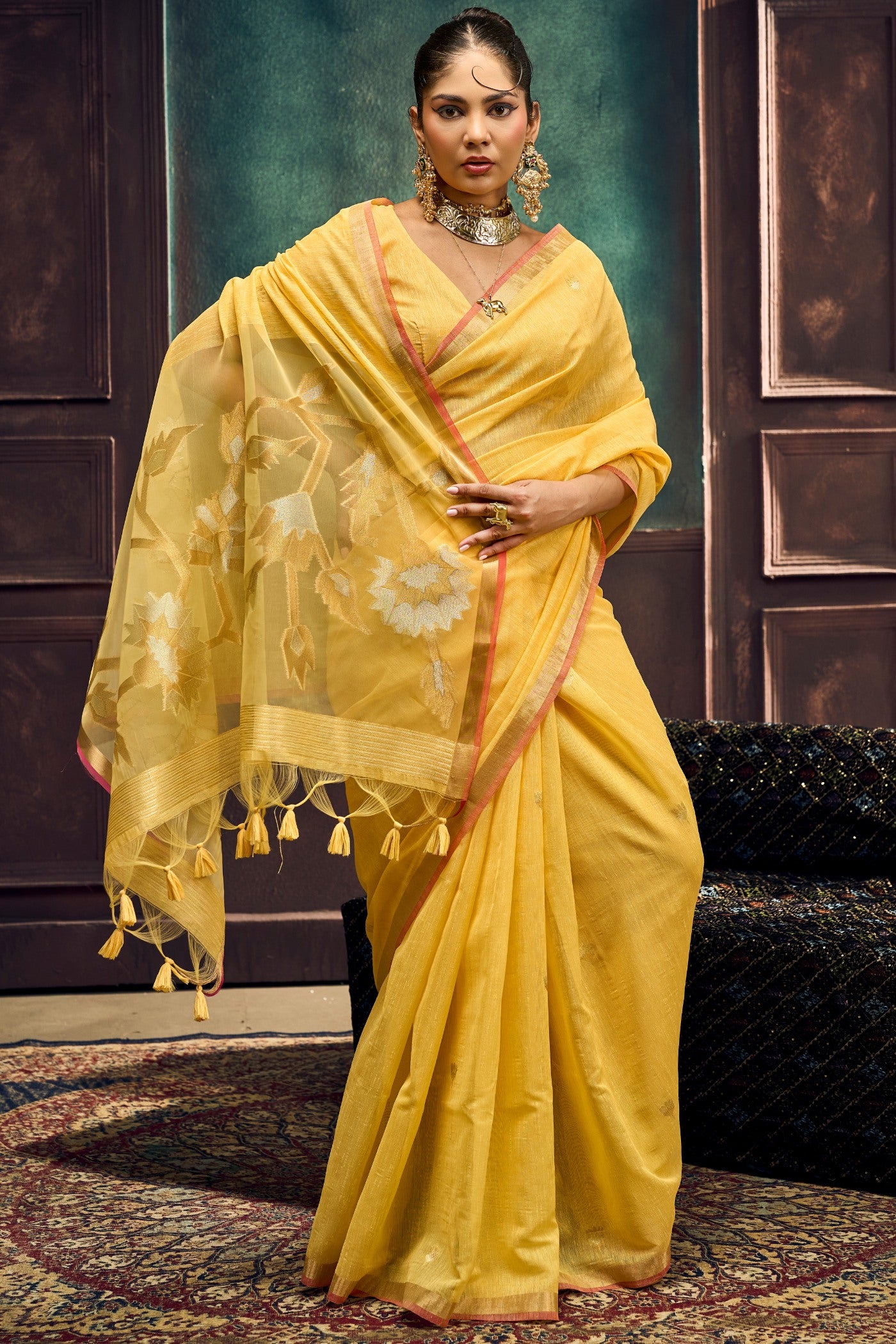 Buy MySilkLove Turmeric Yellow Munga Handloom Cotton Saree Online