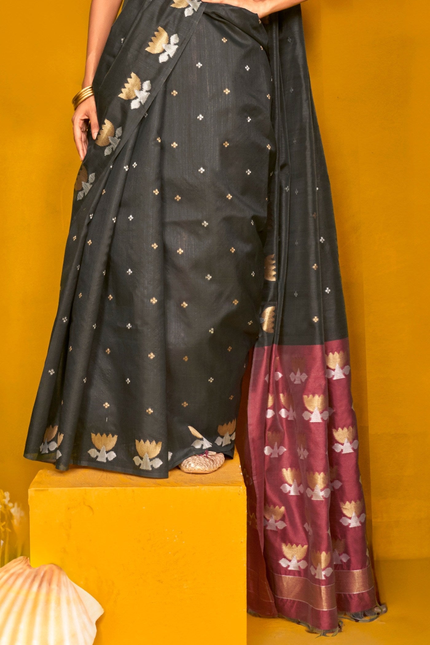 Buy MySilkLove Metal Black Tussar Handloom Silk Saree Online