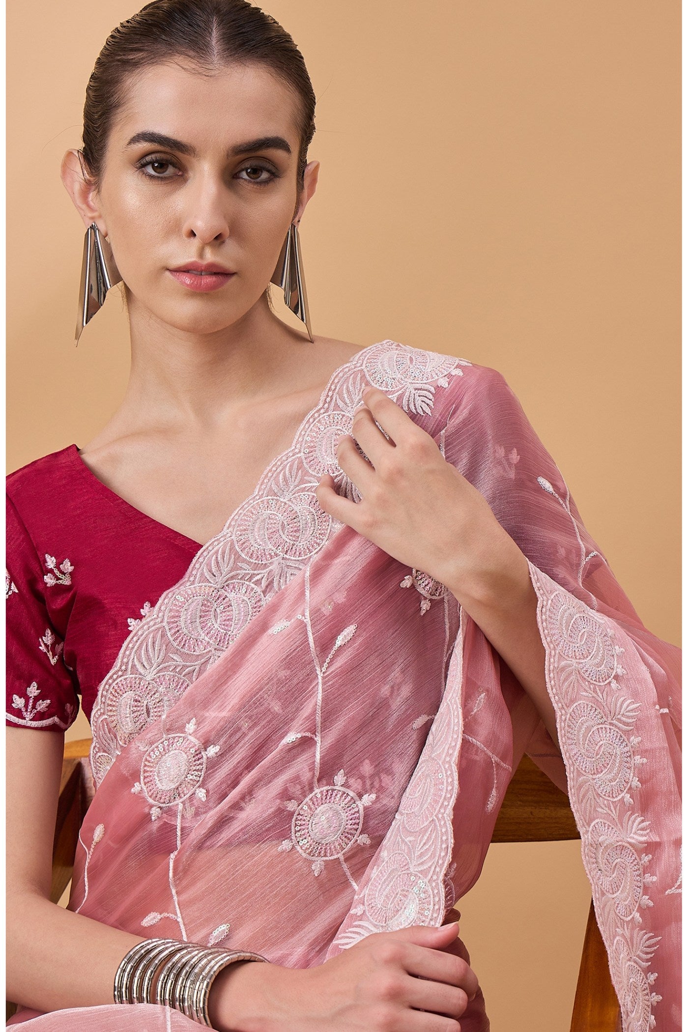 Buy MySilkLove Shilo Pink Organza Partywear Saree Online